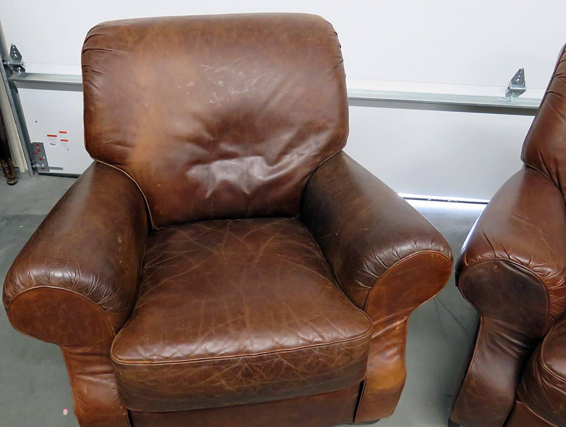 Pair of Italian Leather Club Chairs In Good Condition In Swedesboro, NJ
