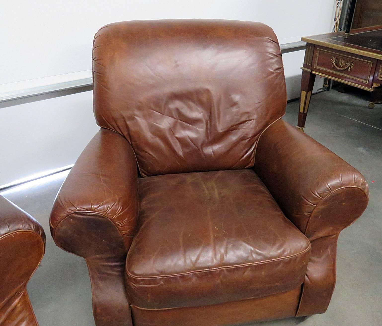20th Century Pair of Italian Leather Club Chairs