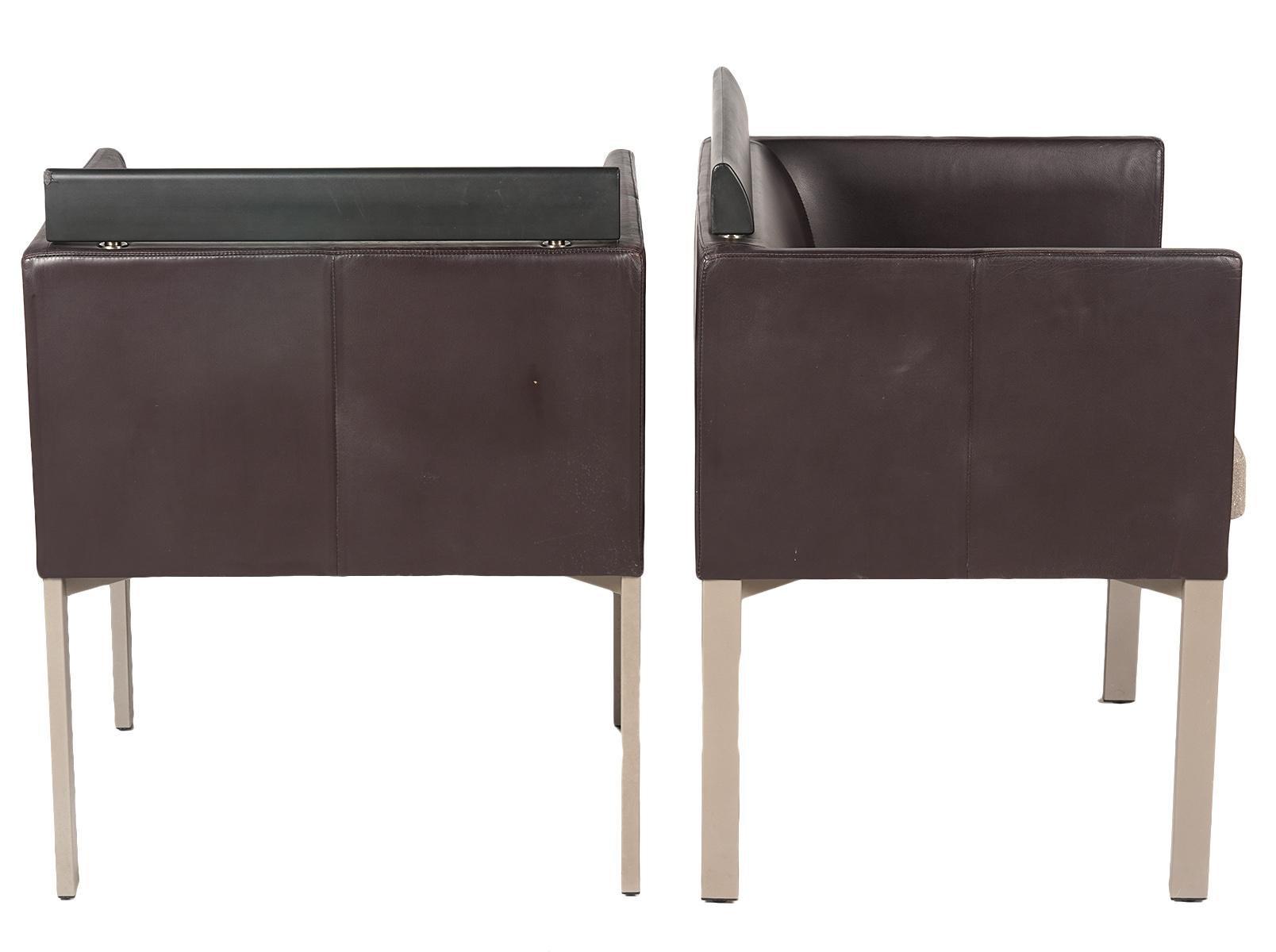 Modern Pair of Italian Leather Club Chairs with Rubber Back Rails, Style of A. Citterio
