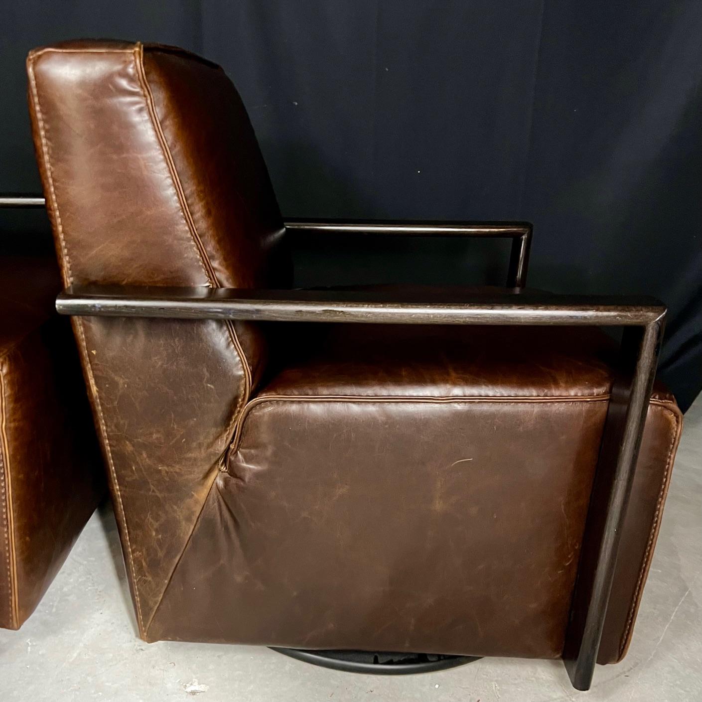 Pair of Italian Leather Midcentury Modern Style Swivel Club Armchairs In Good Condition For Sale In Hopewell, NJ