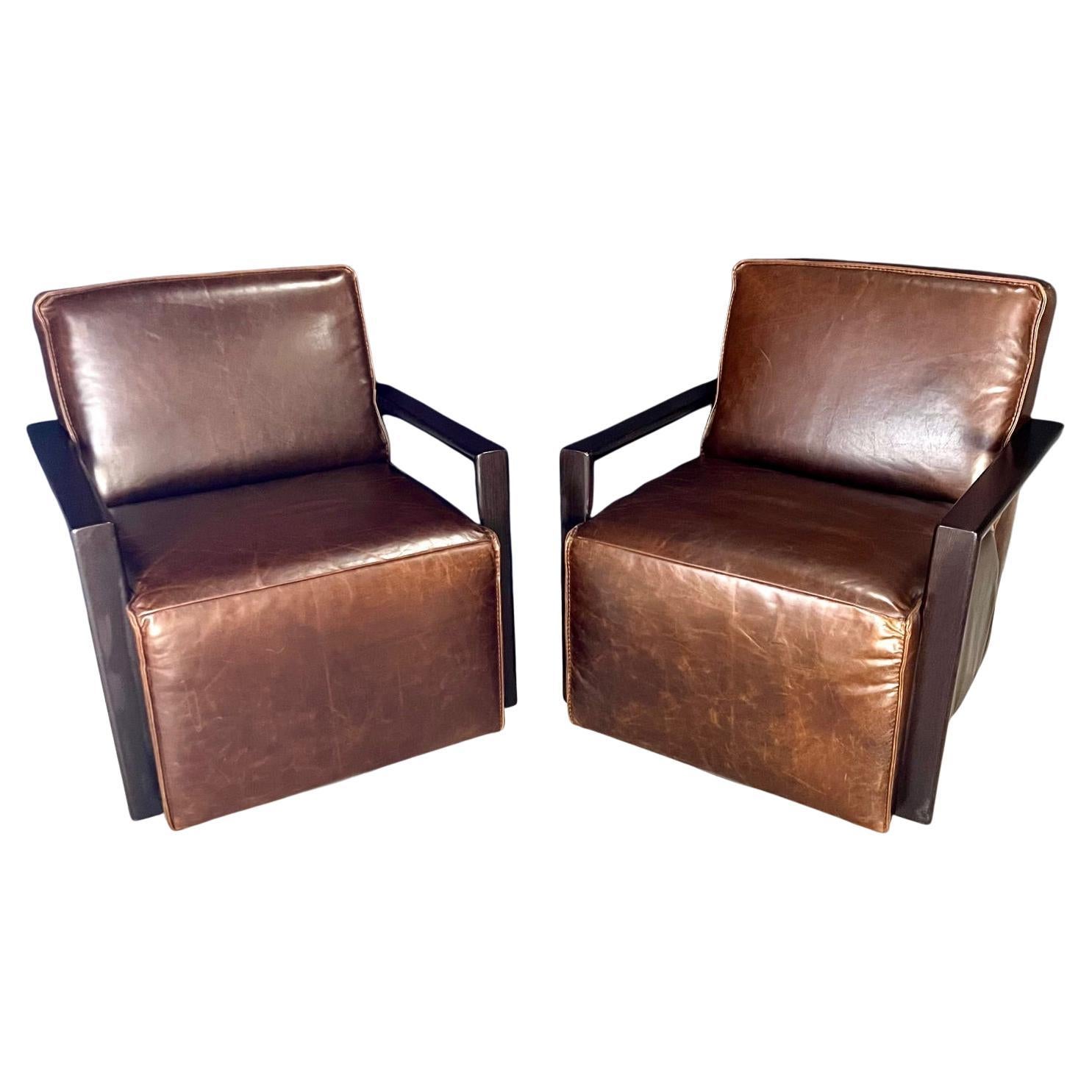 Pair of Italian Leather Midcentury Modern Style Swivel Club Armchairs For Sale