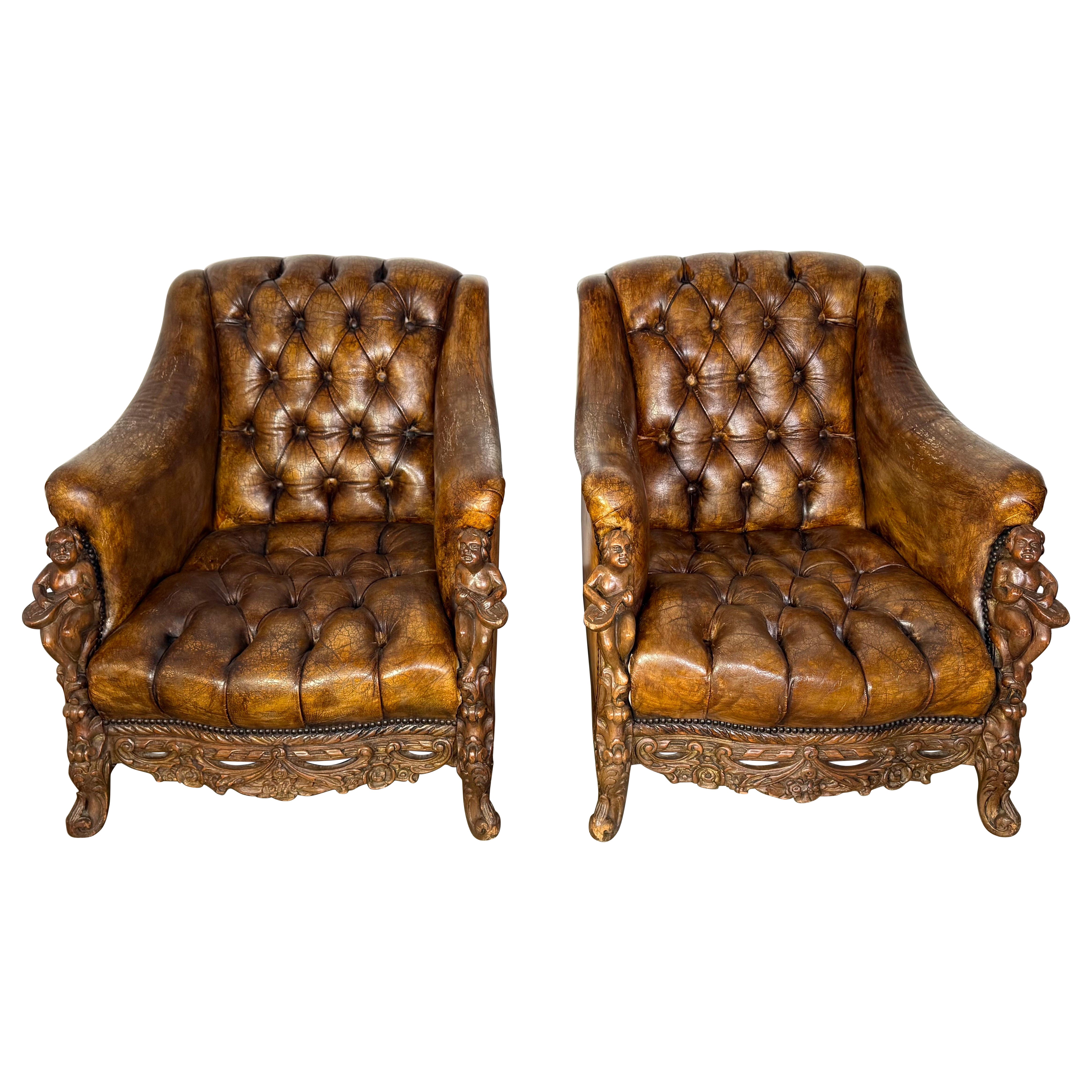 Pair of Italian Leather Tufted Armchairs w/ Cherubs