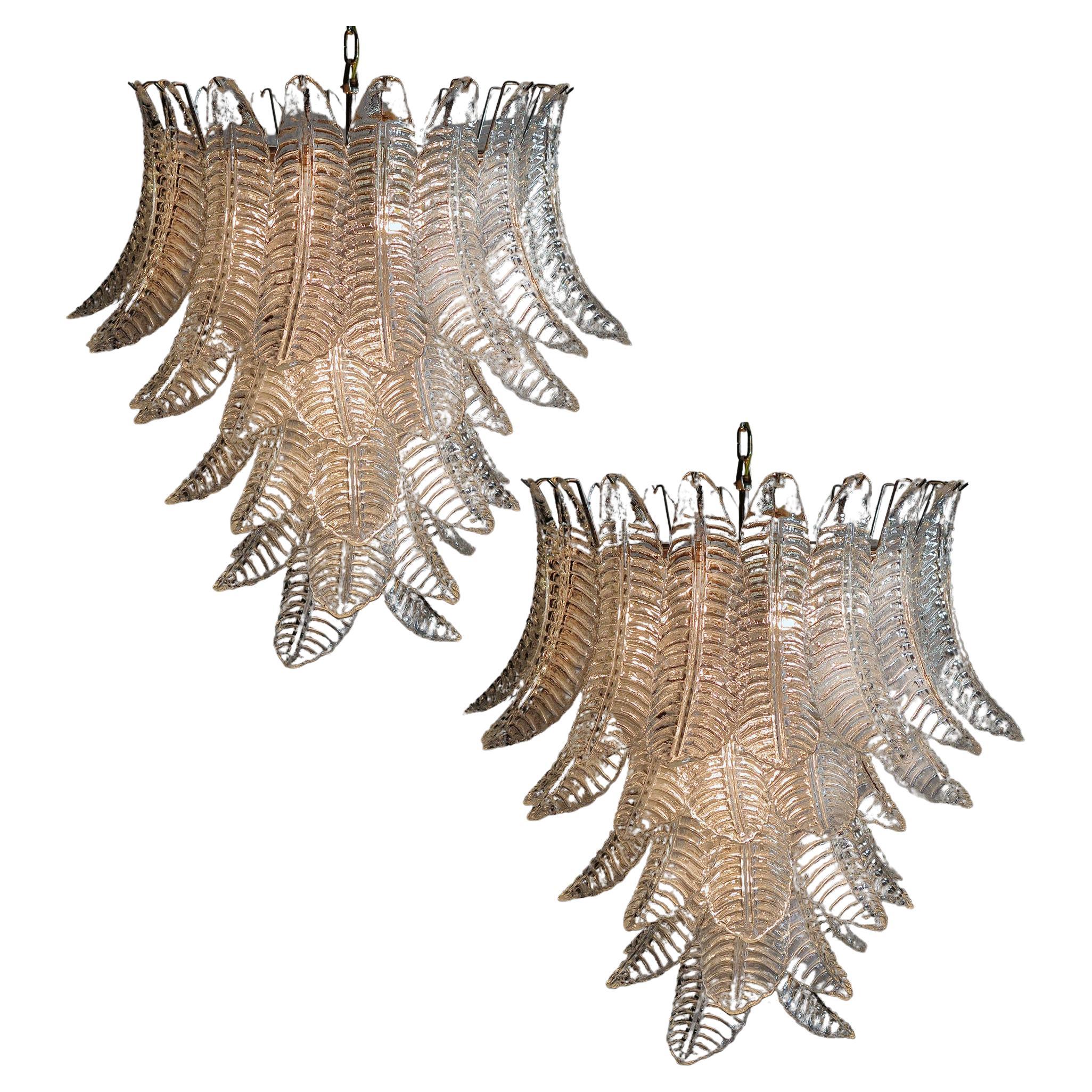 Pair of Italian Leaves Chandeliers, Barovier and Toso Style, Murano For Sale