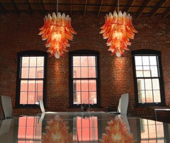 Pair of Italian Leaves Chandeliers, Barovier & Toso Style, Murano