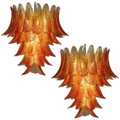 Vintage Pair of Italian Leaves Chandeliers, Barovier & Toso Style, Murano