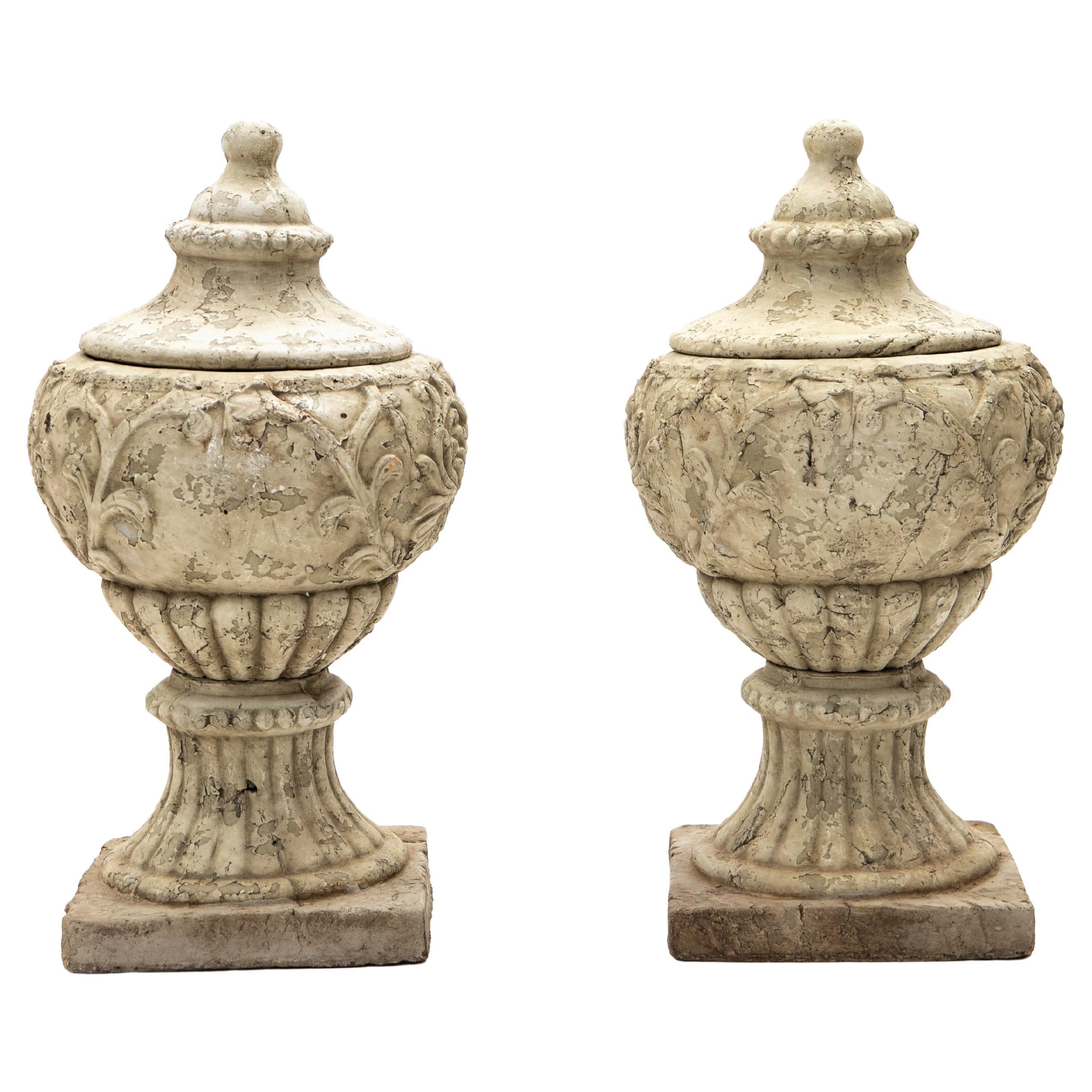 Pair of Italian Lidded terracotta Urns For Sale