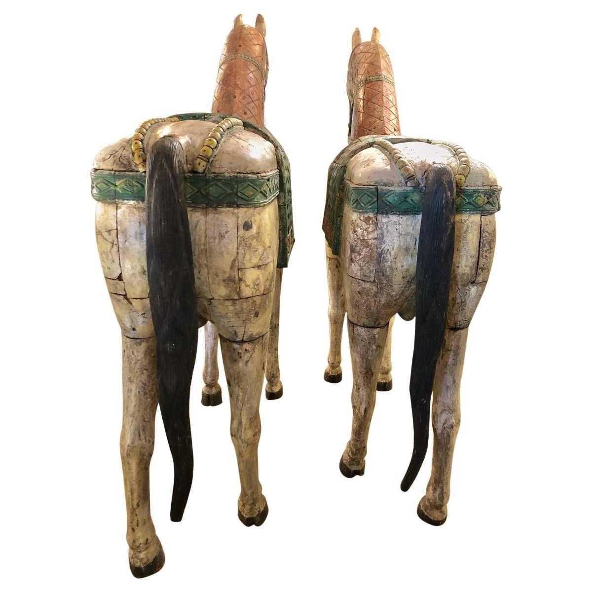Rustic Pair of Italian Life-Size Carved Poly Chrome Horses, 19th Century
