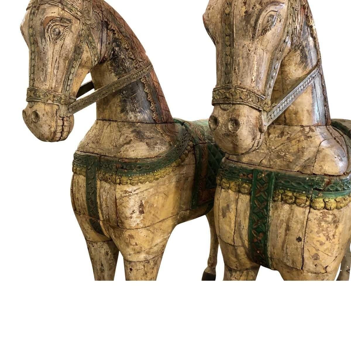 Wood Pair of Italian Life-Size Carved Poly Chrome Horses, 19th Century