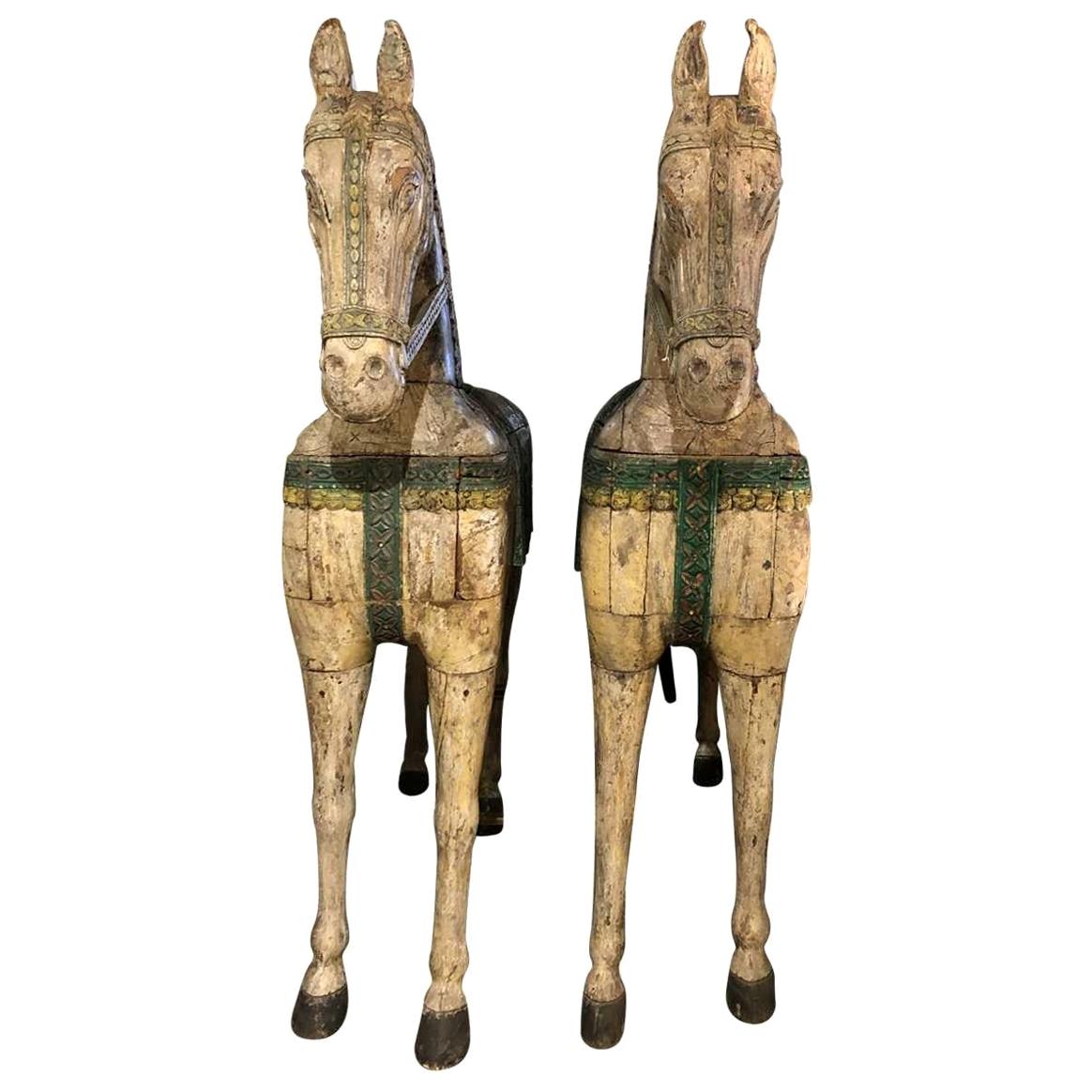 Pair of Italian Life-Size Carved Poly Chrome Horses, 19th Century