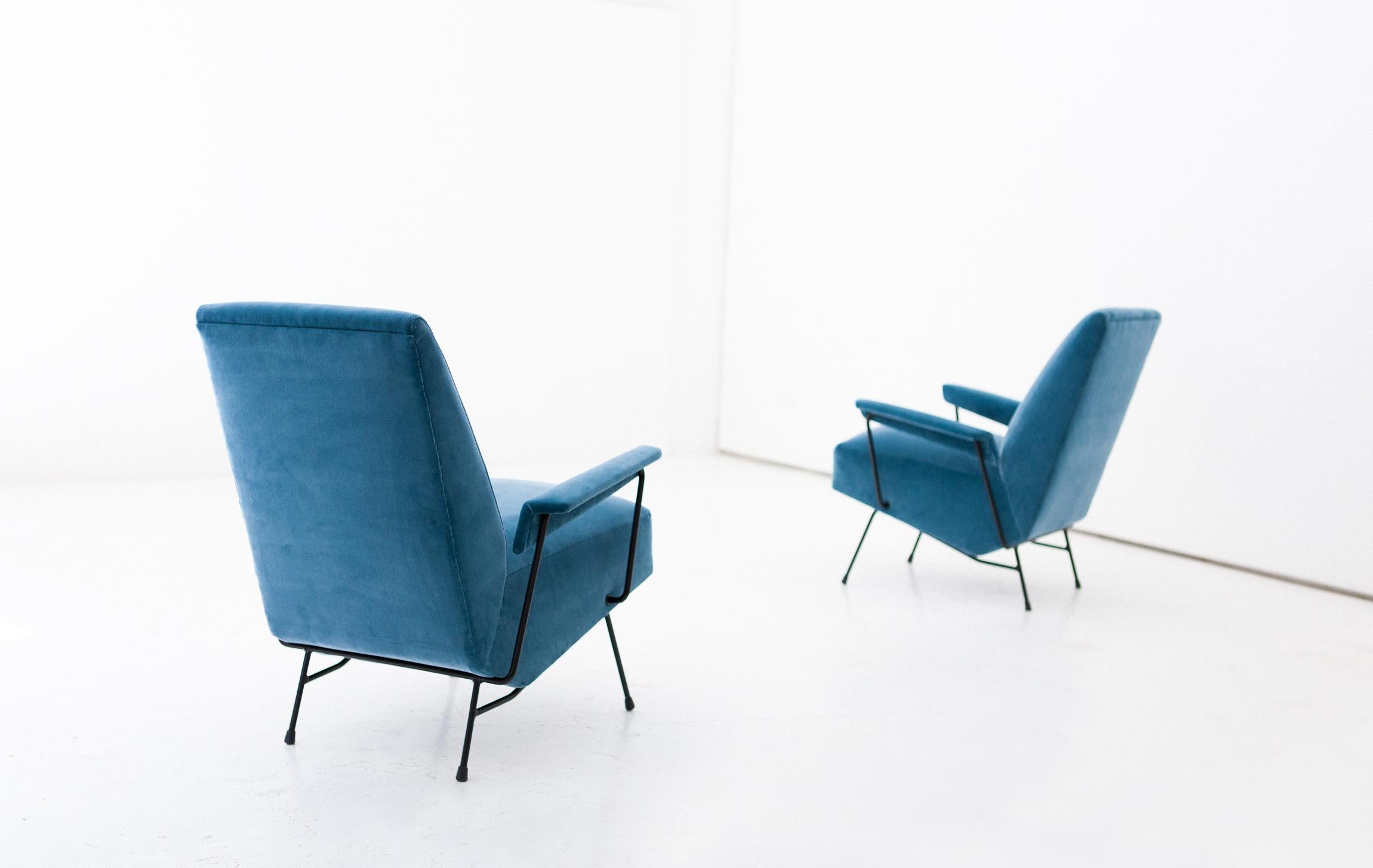 Pair of Italian Light Blue Velvet and Black Enameled Iron Armchairs, 1950s 5