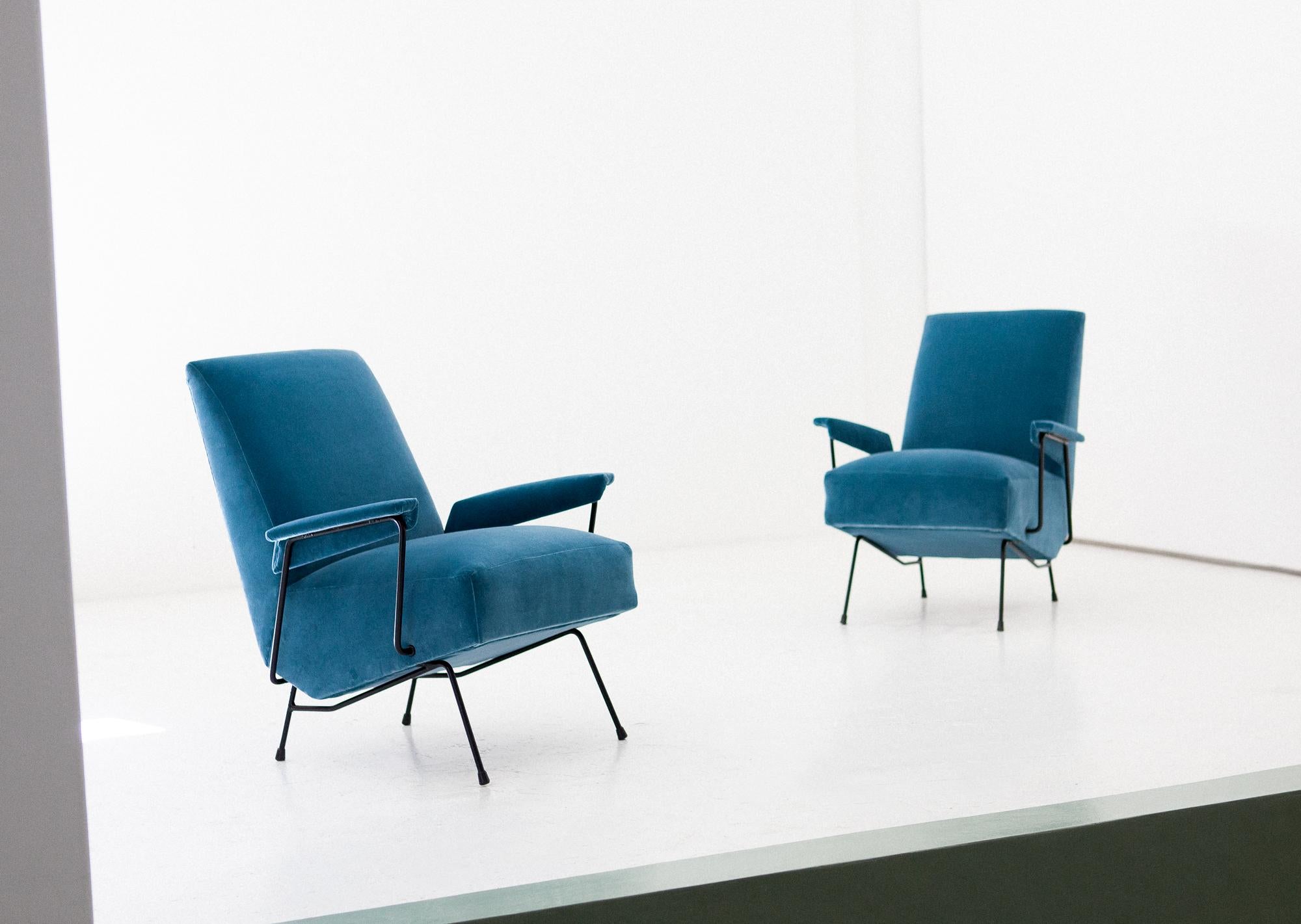 Mid-20th Century Pair of Italian Light Blue Velvet and Black Enameled Iron Armchairs, 1950s