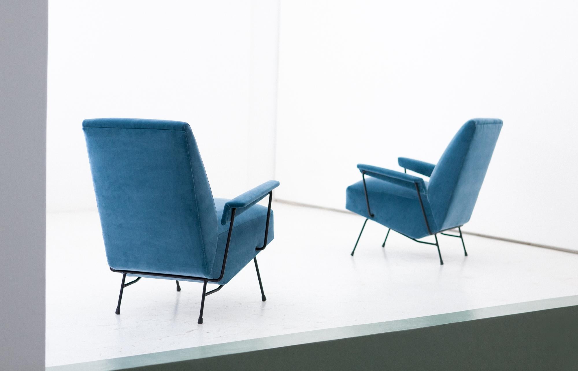 Pair of Italian Light Blue Velvet and Black Enameled Iron Armchairs, 1950s 3