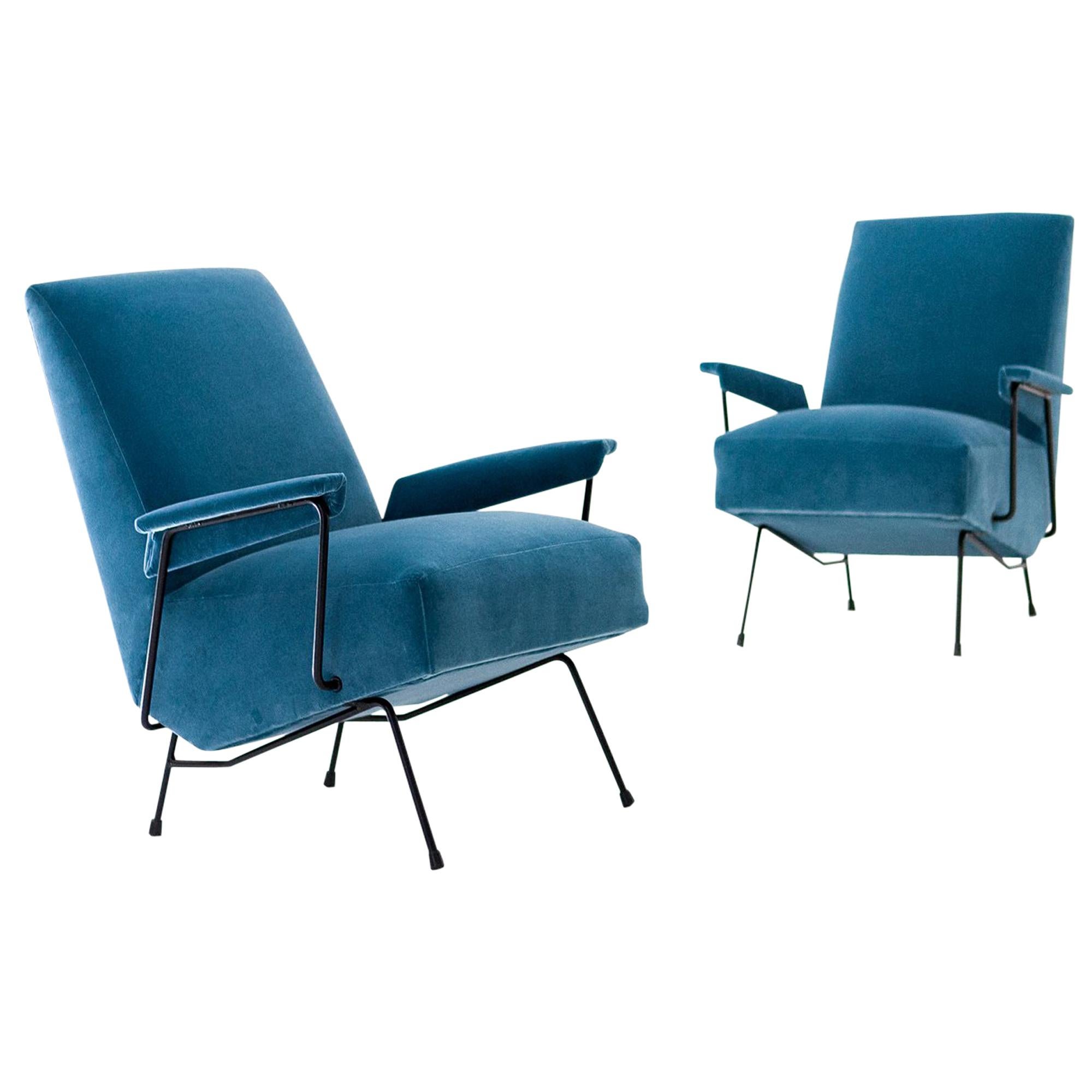 Pair of Italian Light Blue Velvet and Black Enameled Iron Armchairs, 1950s