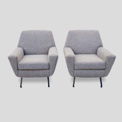 Pair of Italian light brown boucle fabric armchairs attributed to Lenzi Italy