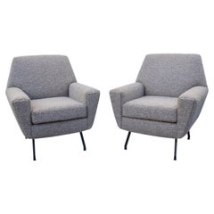 Pair of Italian light brown boucle fabric armchairs attributed to Lenzi Italy