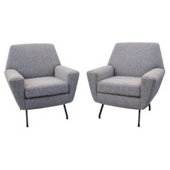 Pair of Italian light brown boucle fabric armchairs attributed to Lenzi Italy