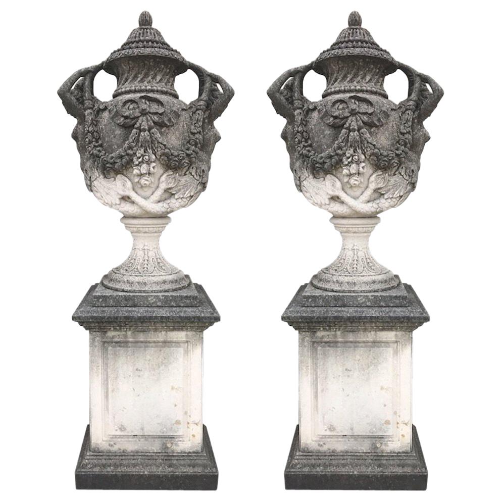 Pair of Italian Limestone Monumental Garden Vases 18th Century Style