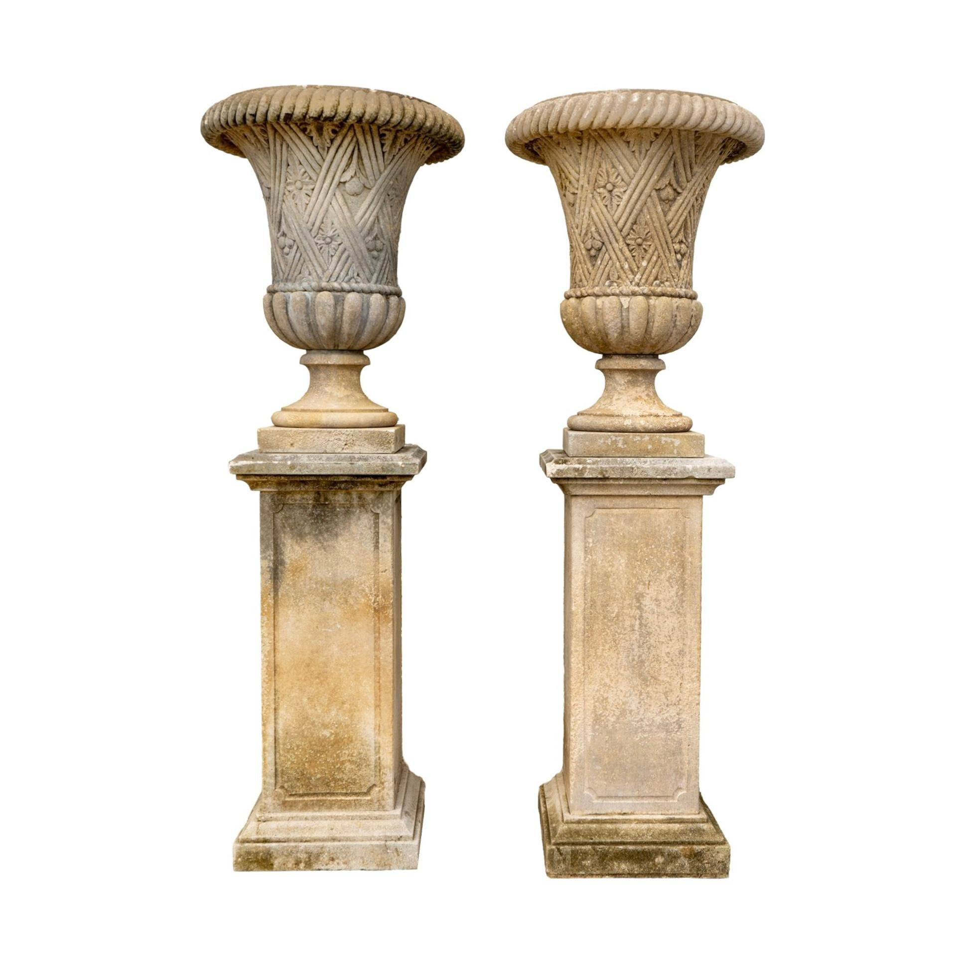Pair of Italian Limestone Planters with Base In Good Condition In Dallas, TX
