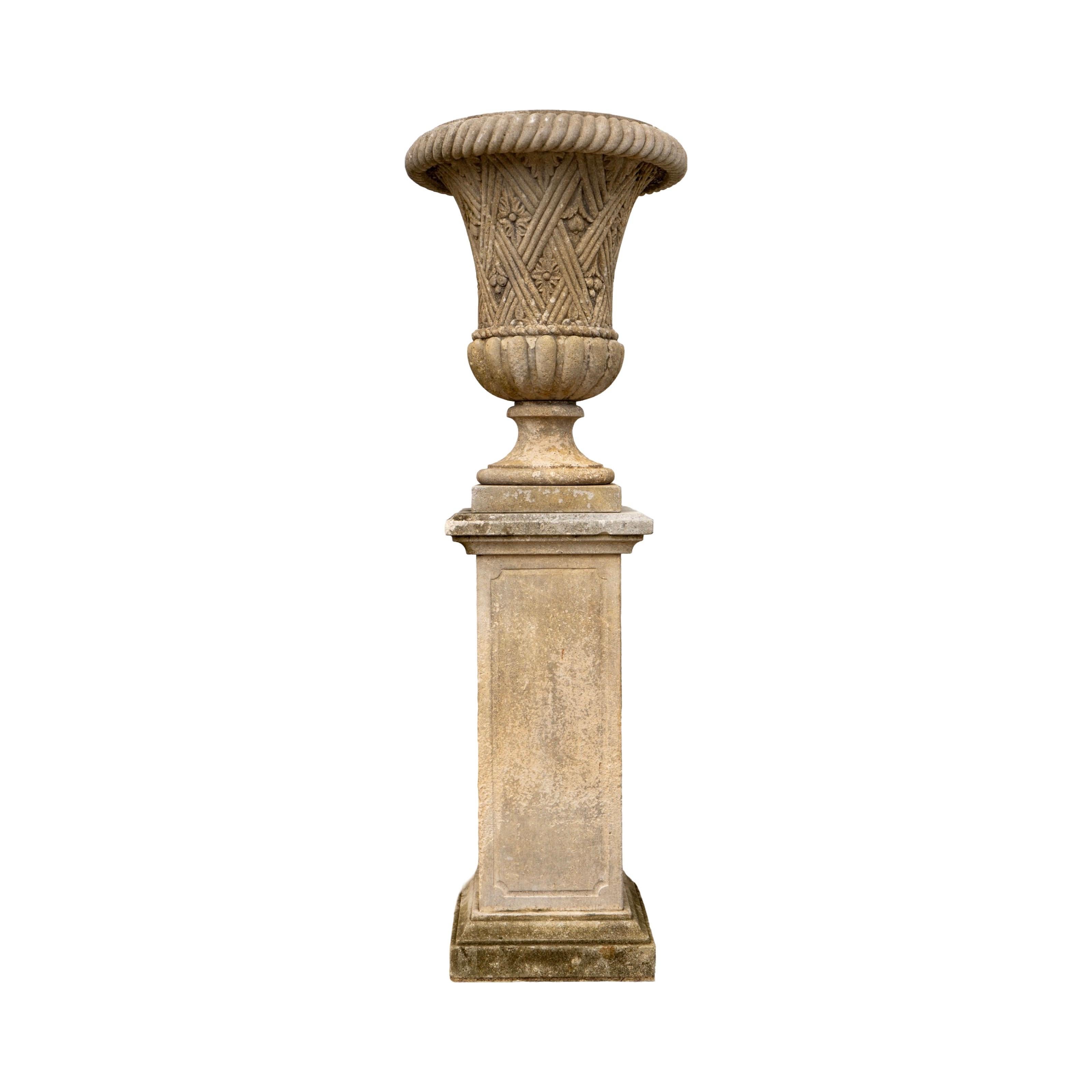 Late 19th Century Pair of Italian Limestone Planters with Base