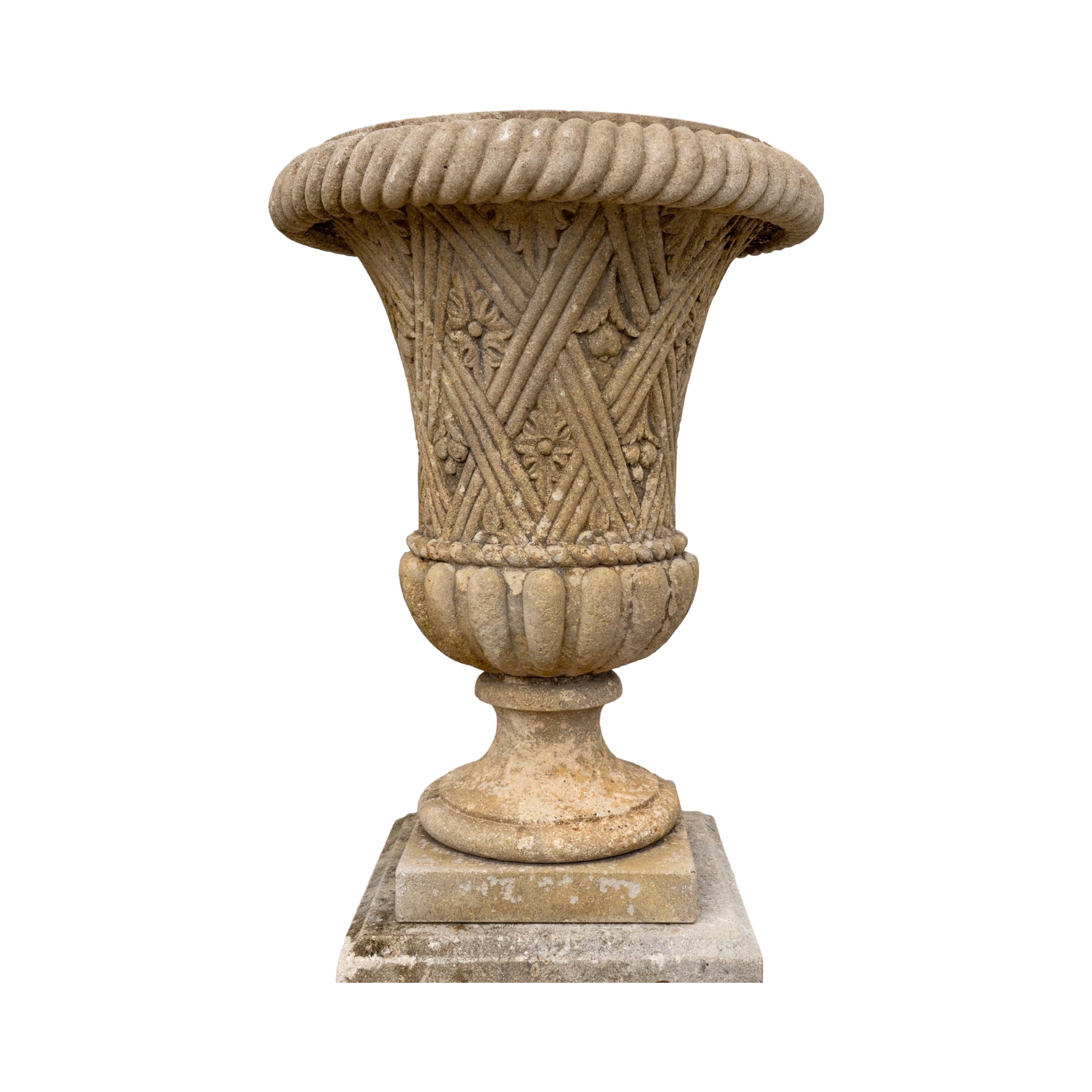 Pair of Italian Limestone Planters with Base 2