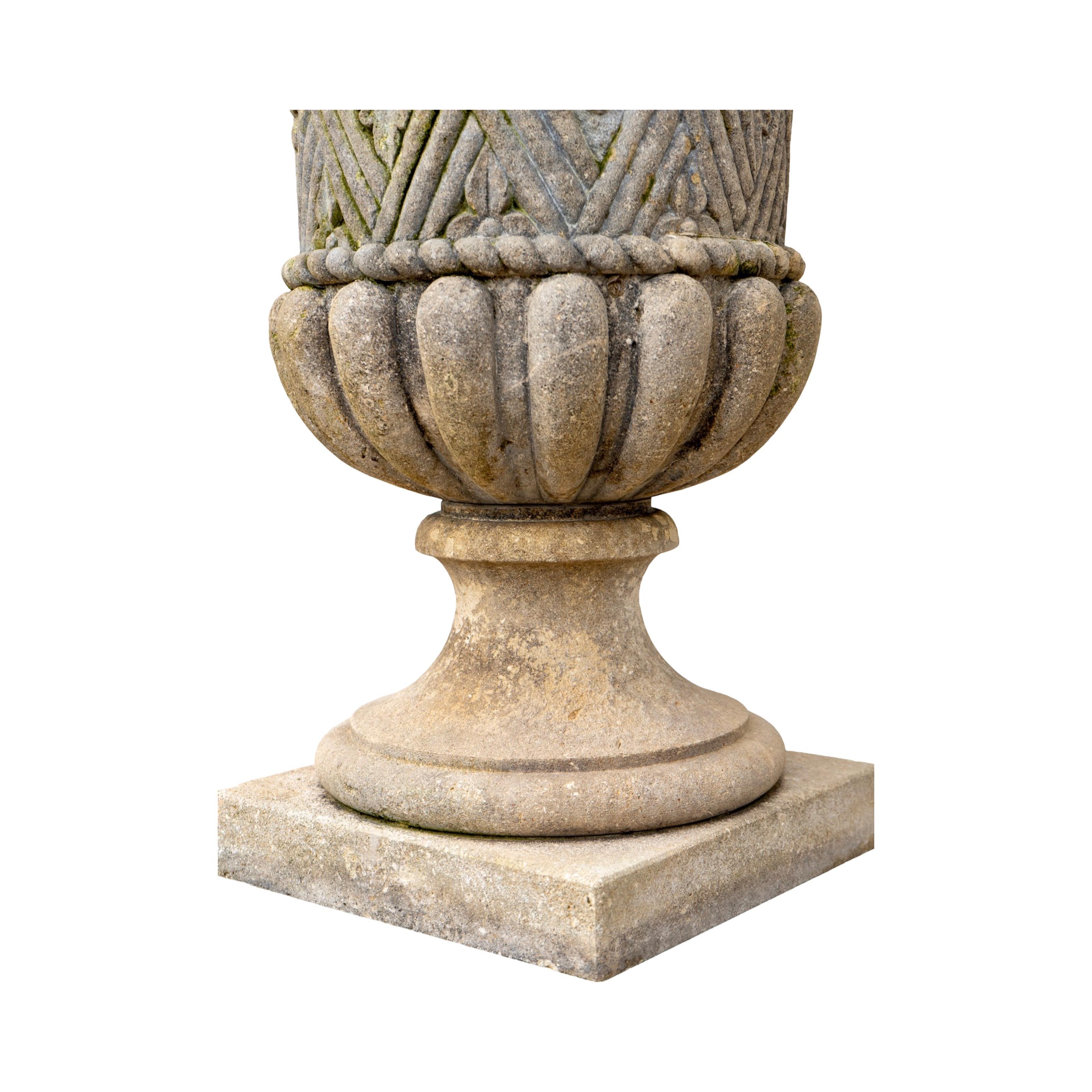 Pair of Italian Limestone Planters with Base 3