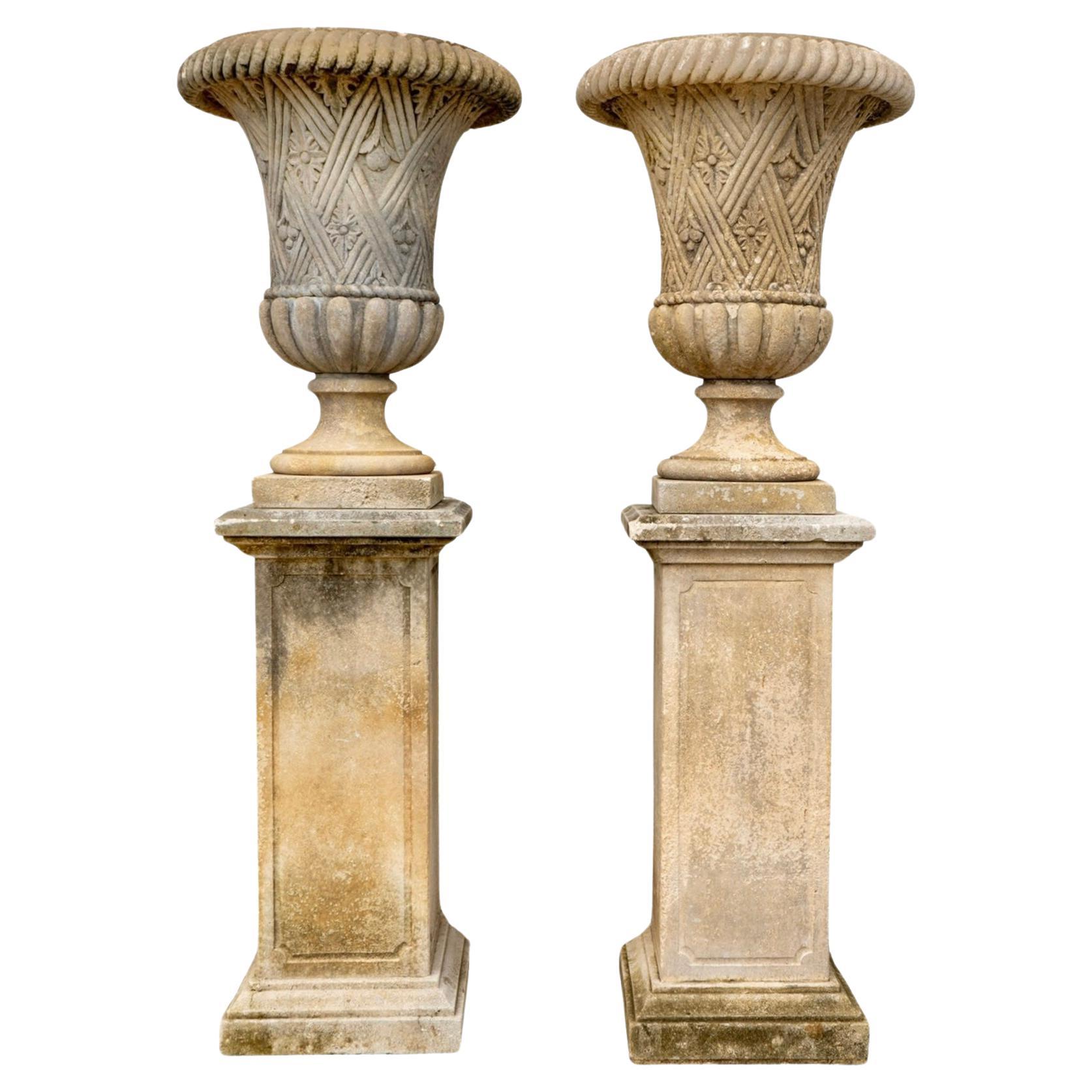 Pair of Italian Limestone Planters with Base