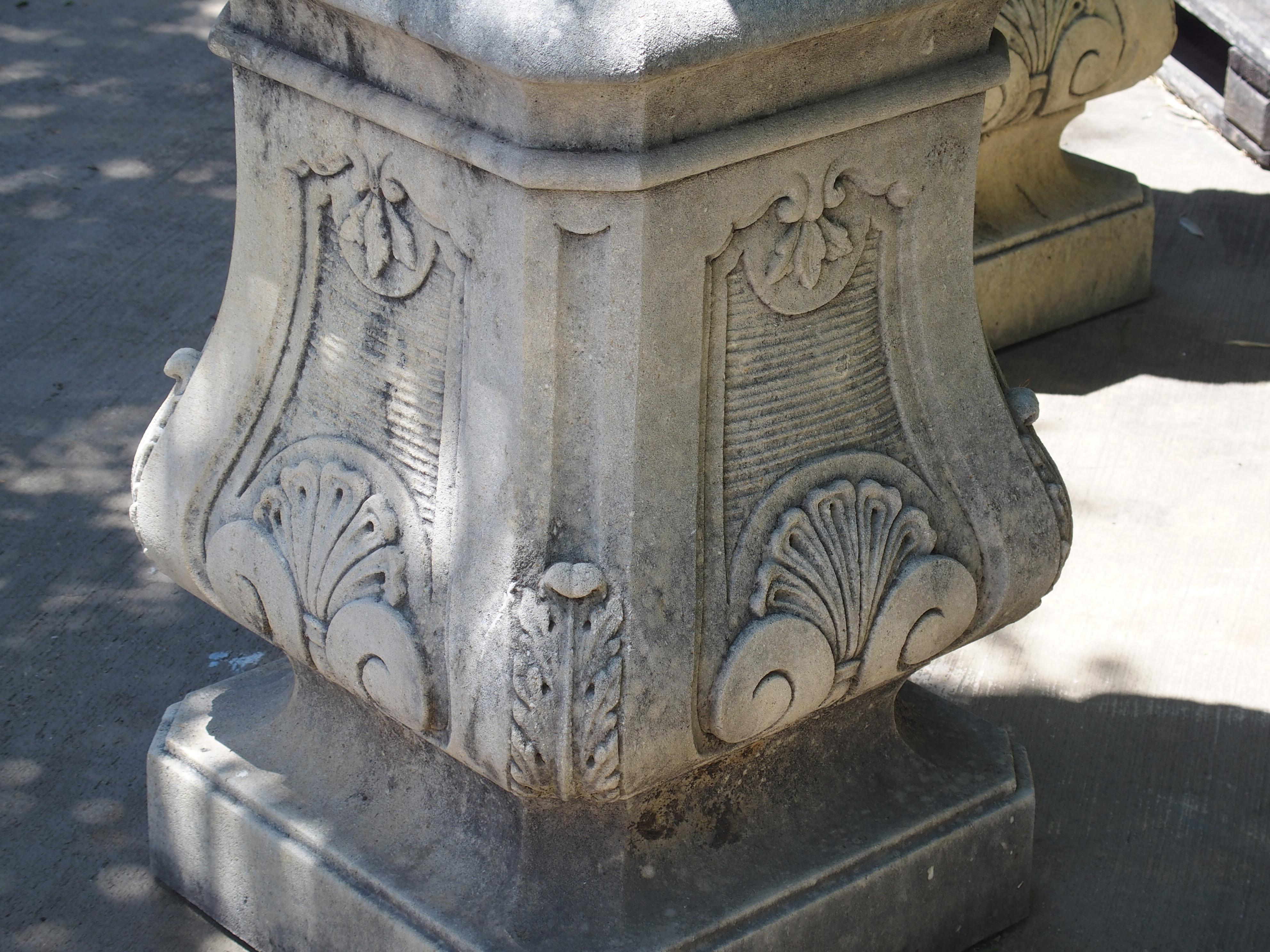 Pair of Italian Limestone Urns with Fruit and Floral Bouquets on Pedestals 6