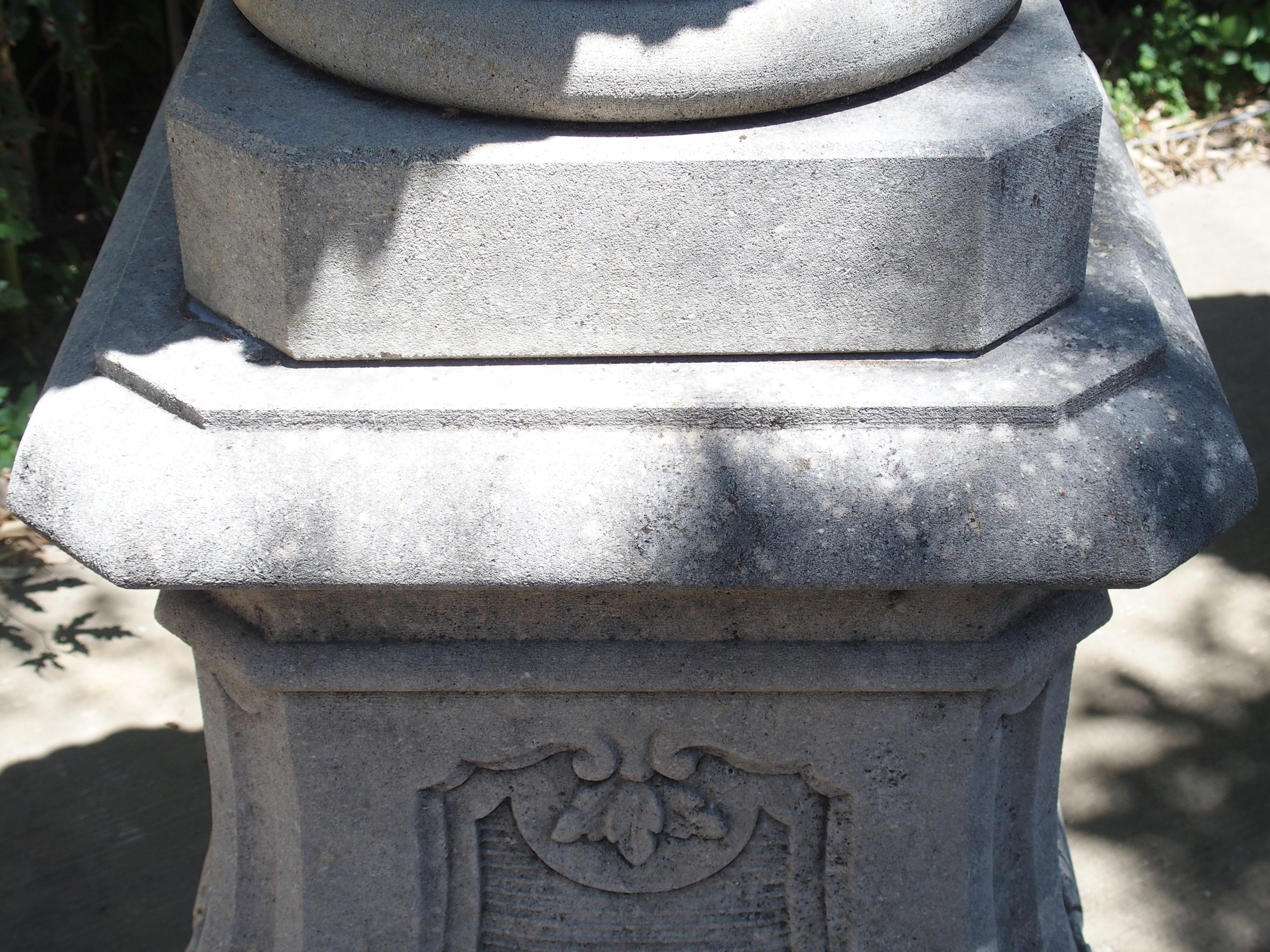 Pair of Italian Limestone Urns with Fruit and Floral Bouquets on Pedestals 9