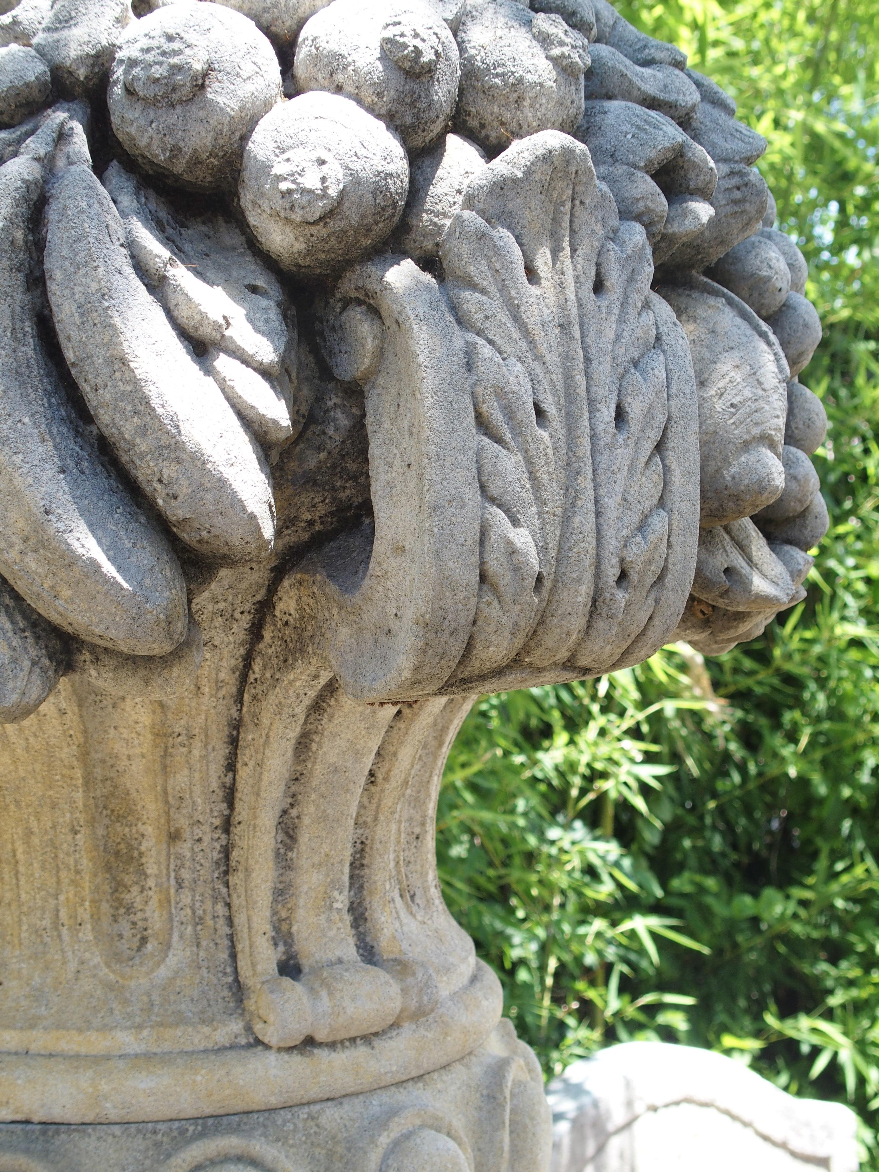 Pair of Italian Limestone Urns with Fruit and Floral Bouquets on Pedestals 10