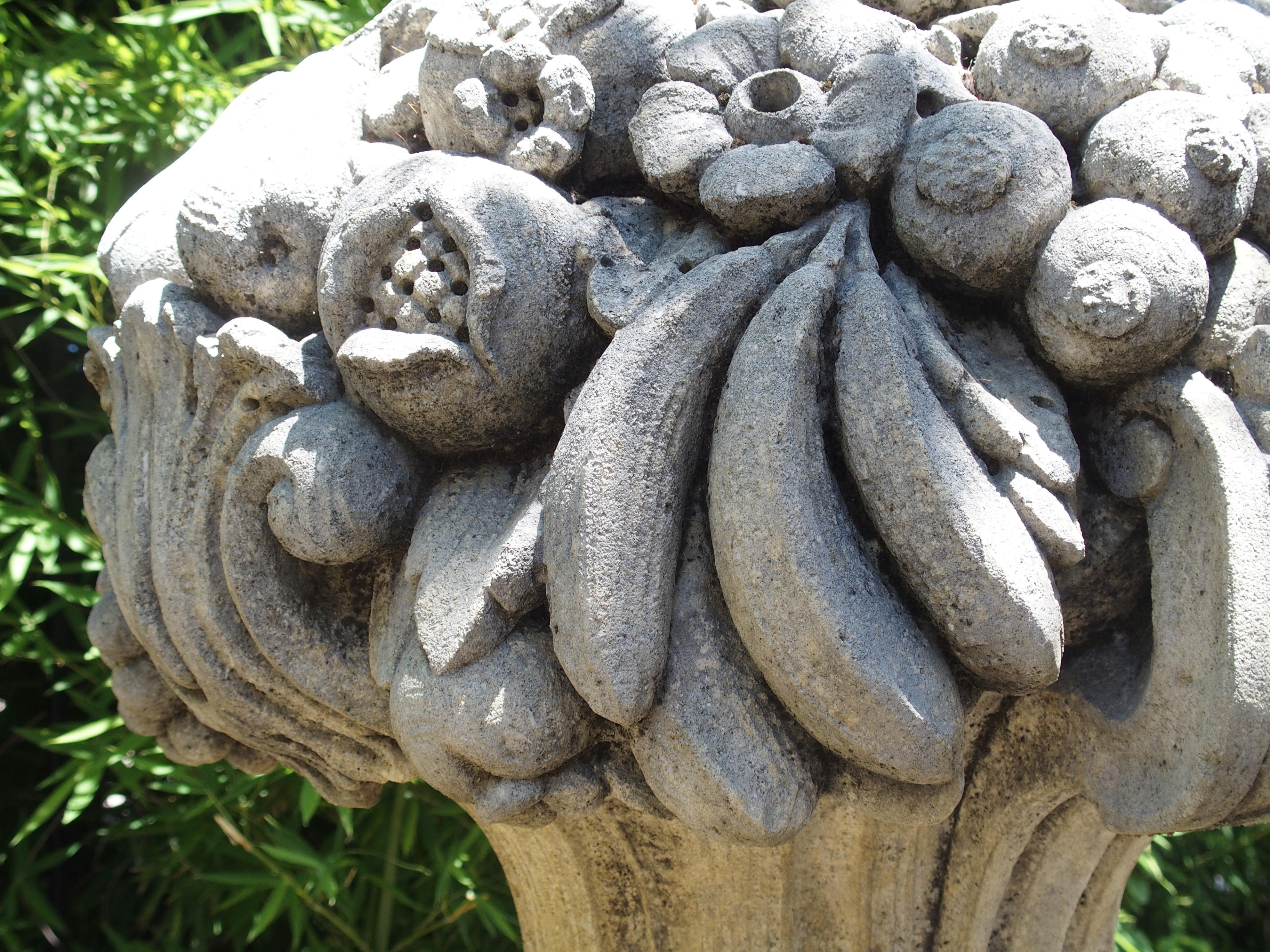 Pair of Italian Limestone Urns with Fruit and Floral Bouquets on Pedestals 11
