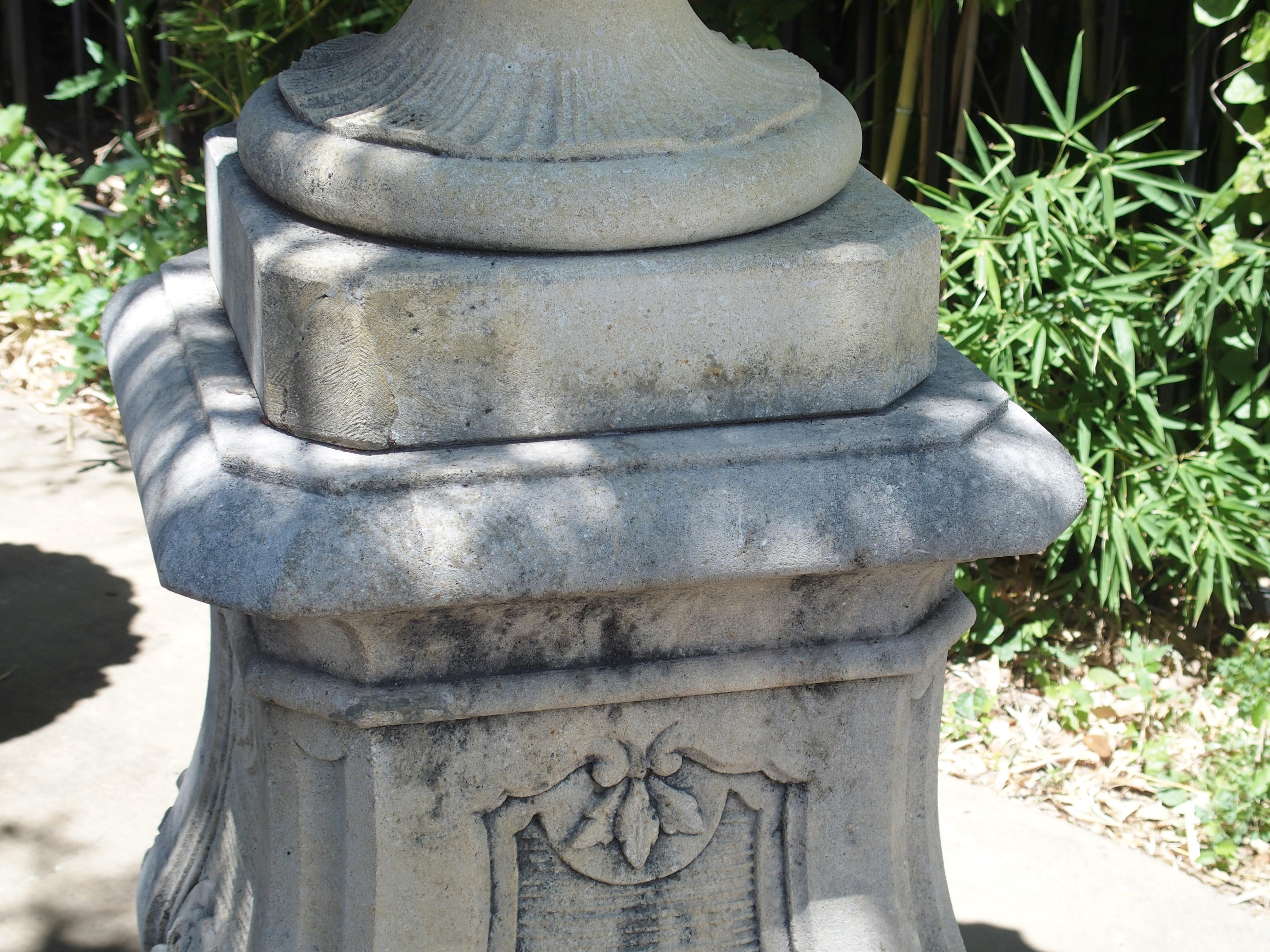 Pair of Italian Limestone Urns with Fruit and Floral Bouquets on Pedestals 13