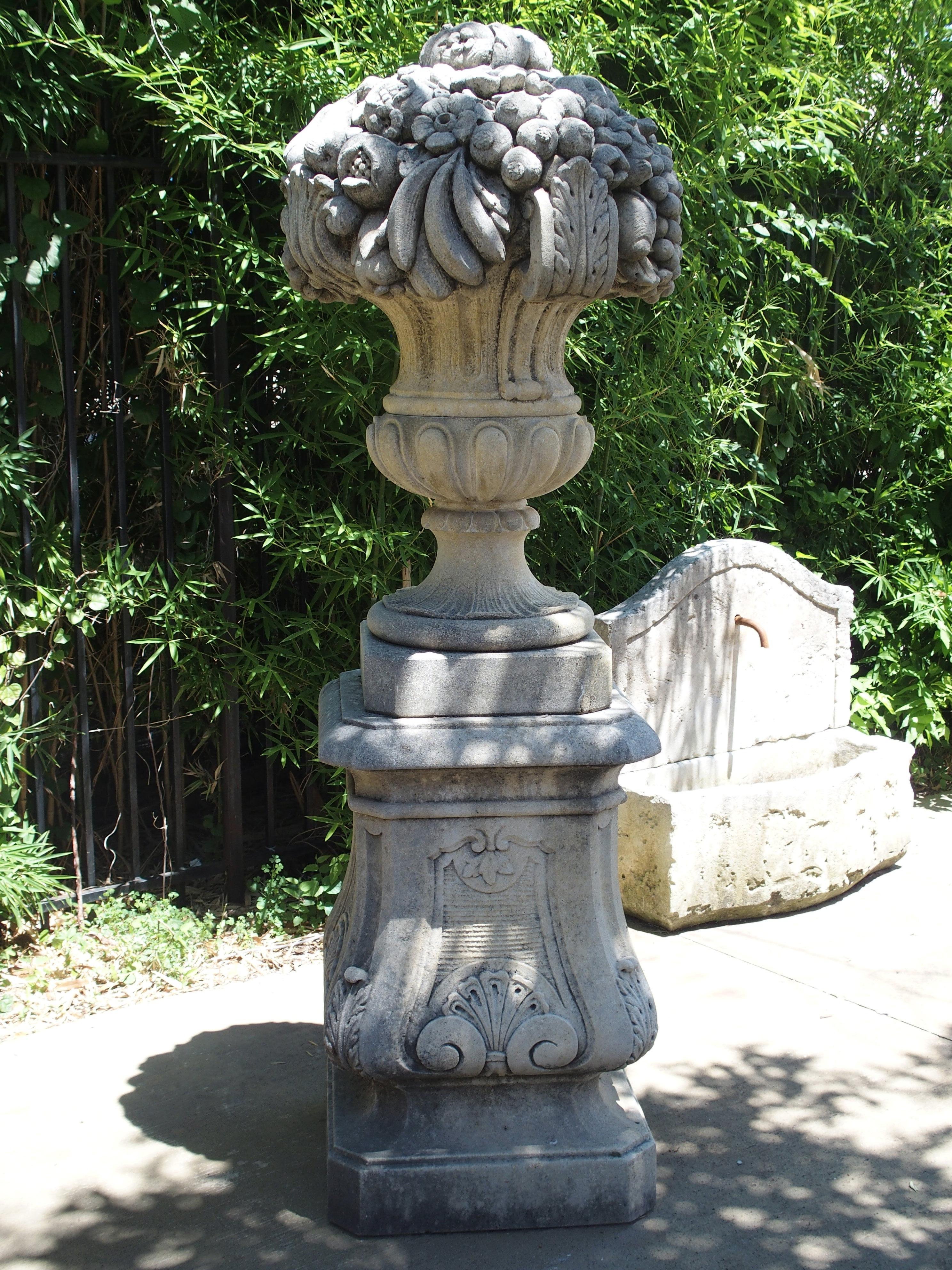 Pair of Italian Limestone Urns with Fruit and Floral Bouquets on Pedestals 14