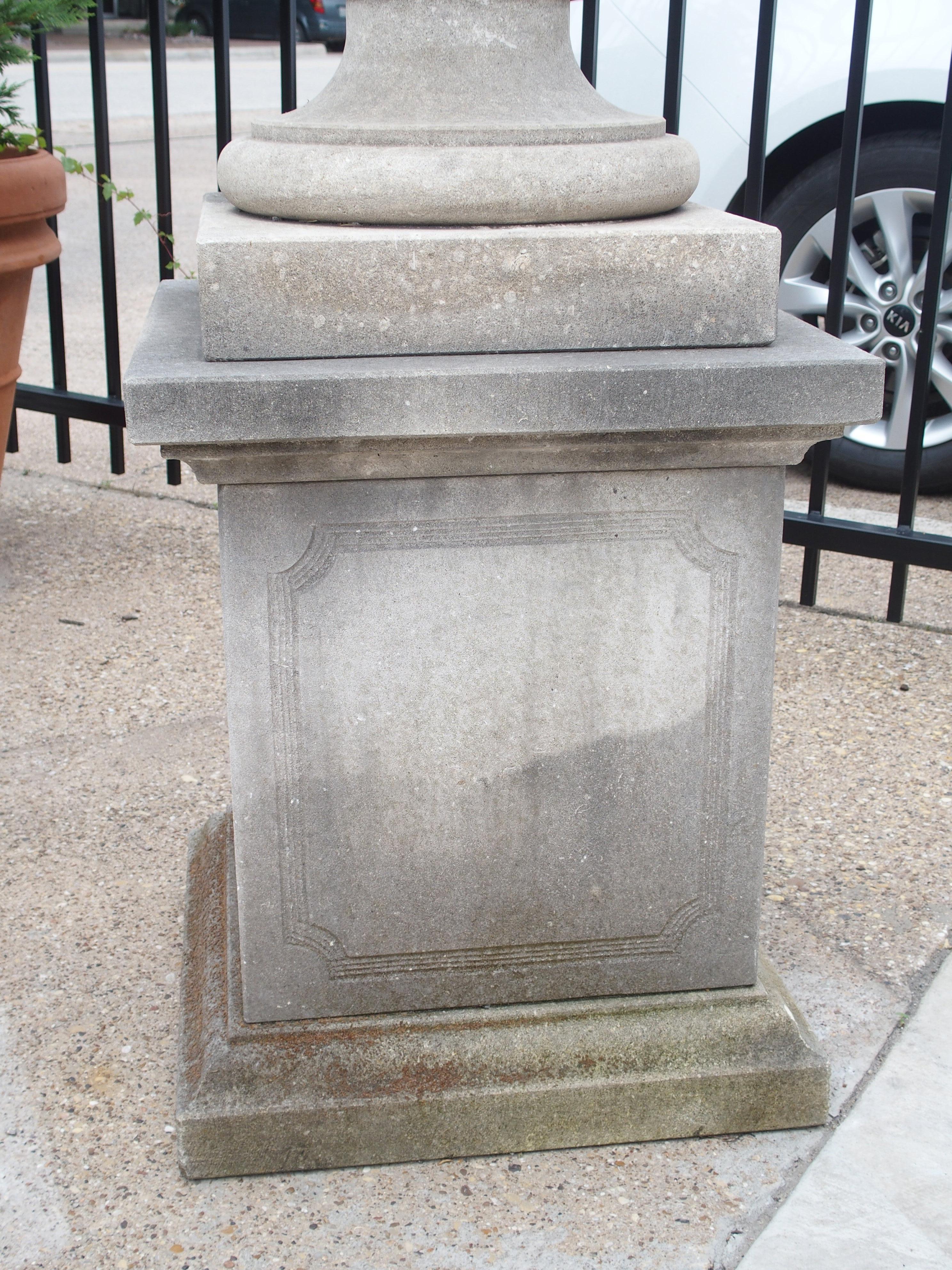 Pair of Italian Limestone Urns with Fruit and Floral Bouquets on Pedestals 4