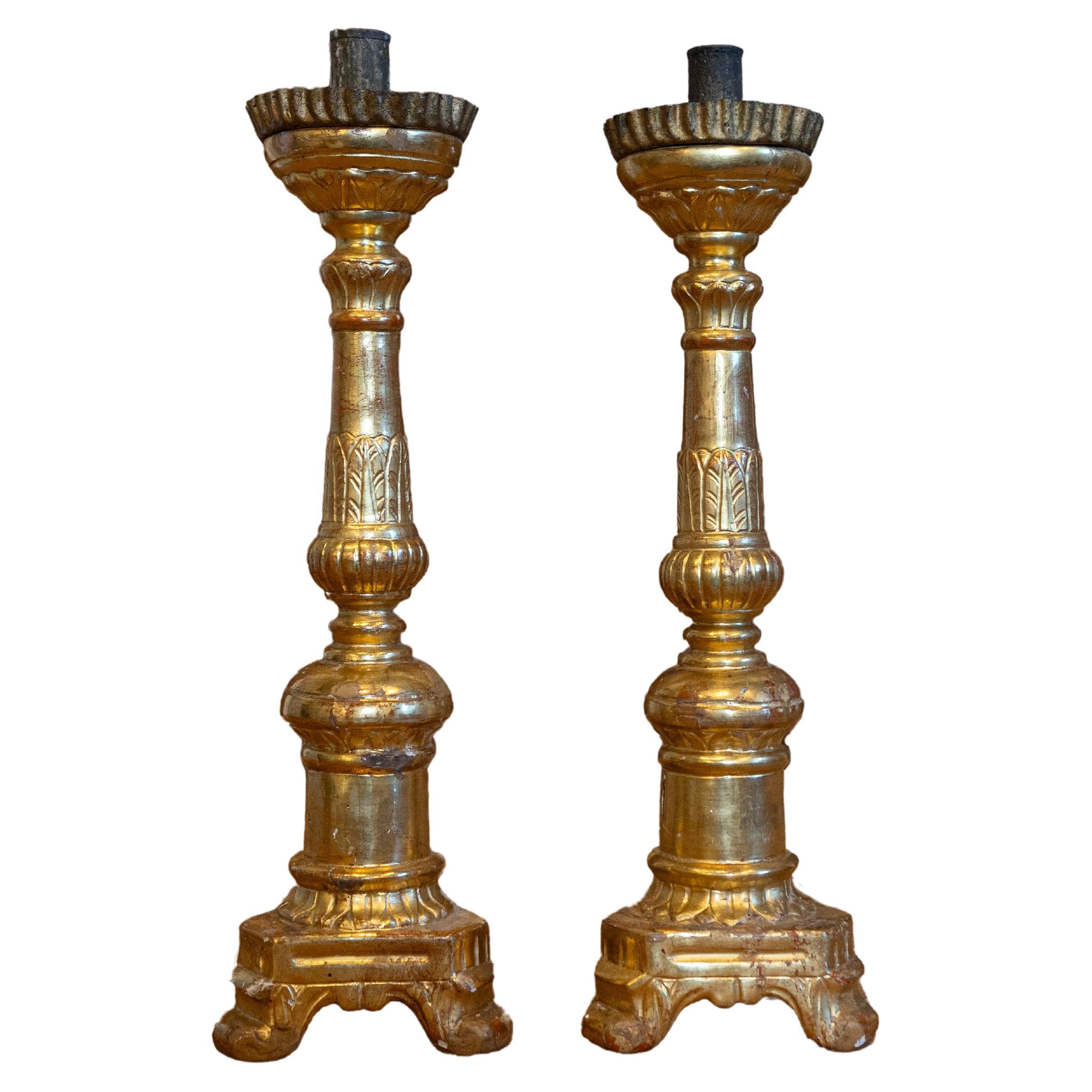 Pair of Italian Louis Philippe Mid 19th Century Carved Giltwood Candlesticks For Sale