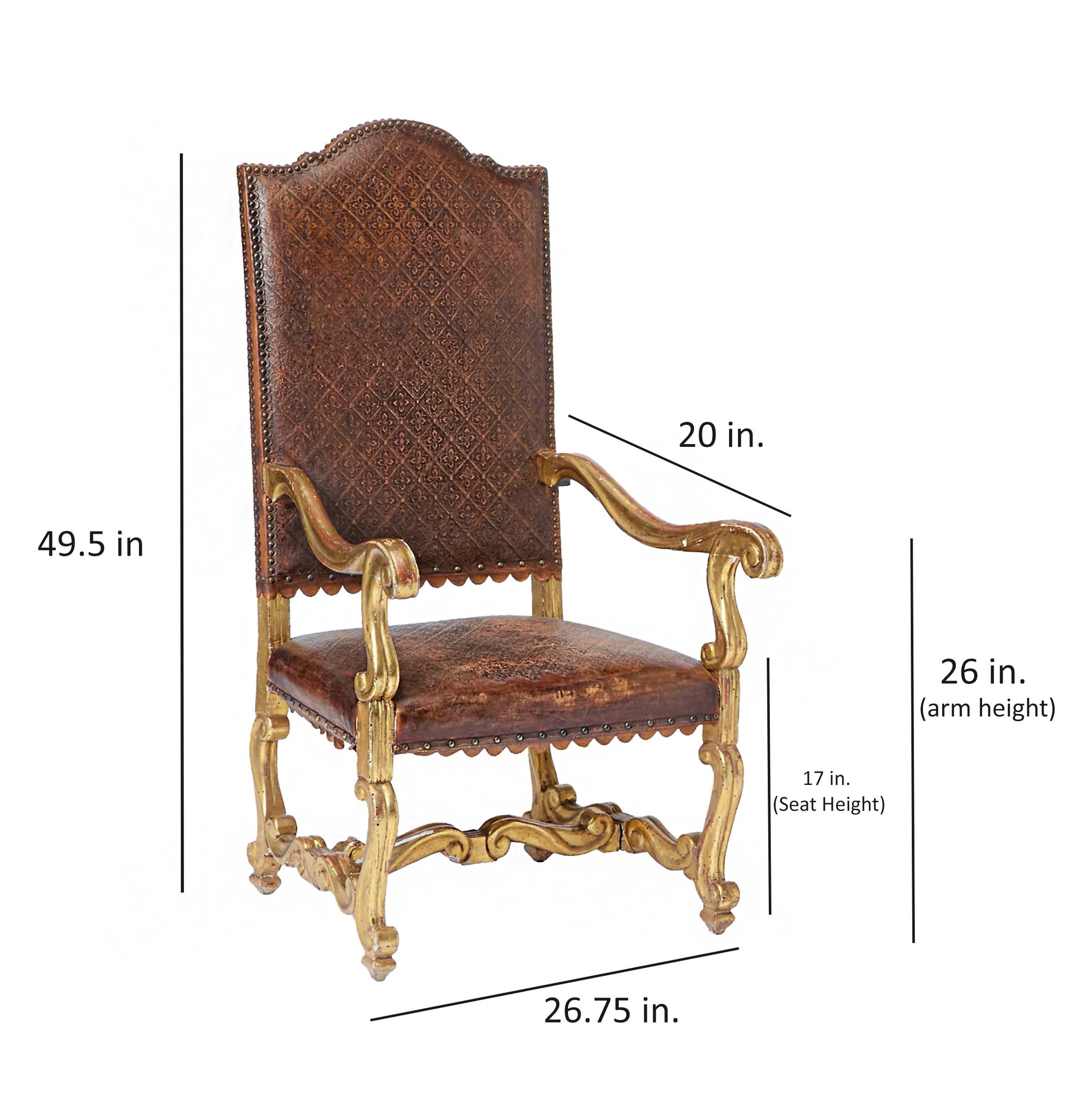 Paire de fauteuils italiens Louis XIV en cuir et bois doré, milieu du 18e C. en vente 14