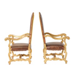 Pair of Louis XIV Armchairs in Tooled Leather and Gilt Wood, Late 18th C.