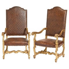 Pair of Italian Louis XIV Armchairs in Tooled Leather and Giltwood, Mid 18th C.