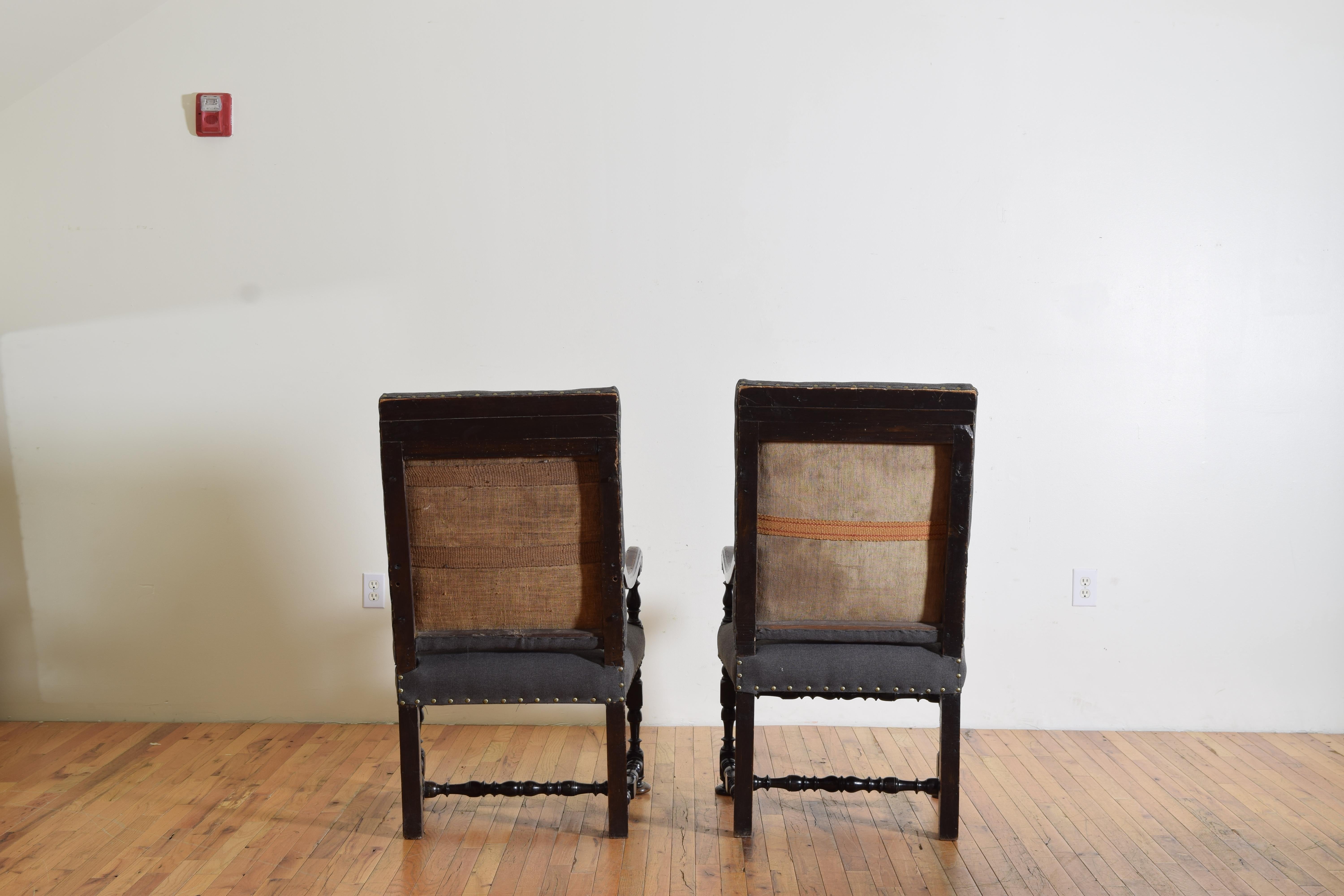 18th Century Pair of Italian Louis XIV Period Dark Walnut & Upholstered Poltrone, ca. 1700 For Sale