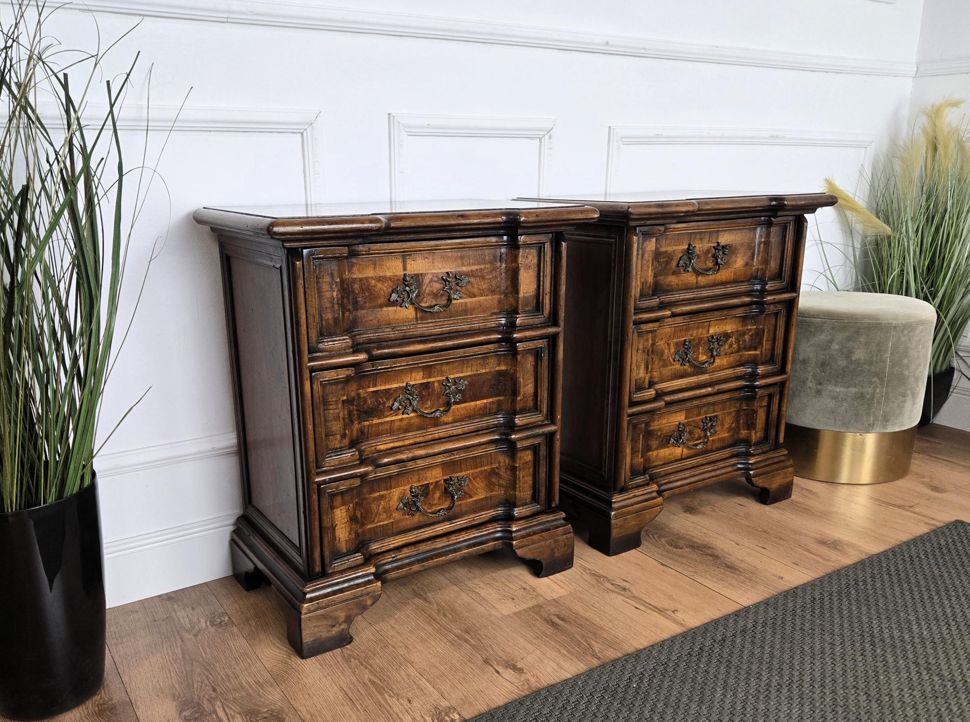 Brass Pair of Italian Louis XIV Style Rustic Wood Night Stands Bed or Side Tables For Sale