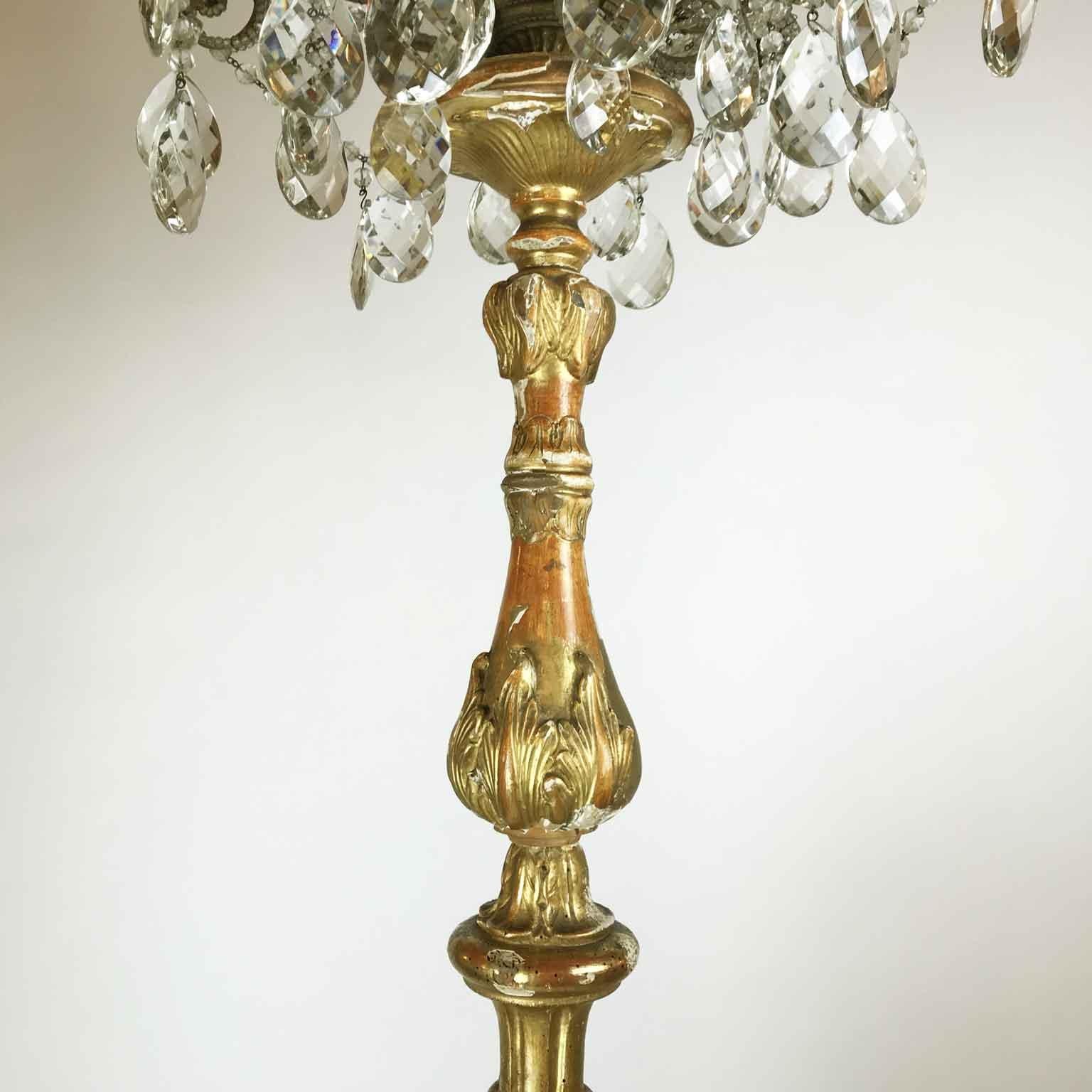 Neoclassical Pair of Italian Louis XV Gilt Candlesticks Tall Lamps with Crystal Flambeaux