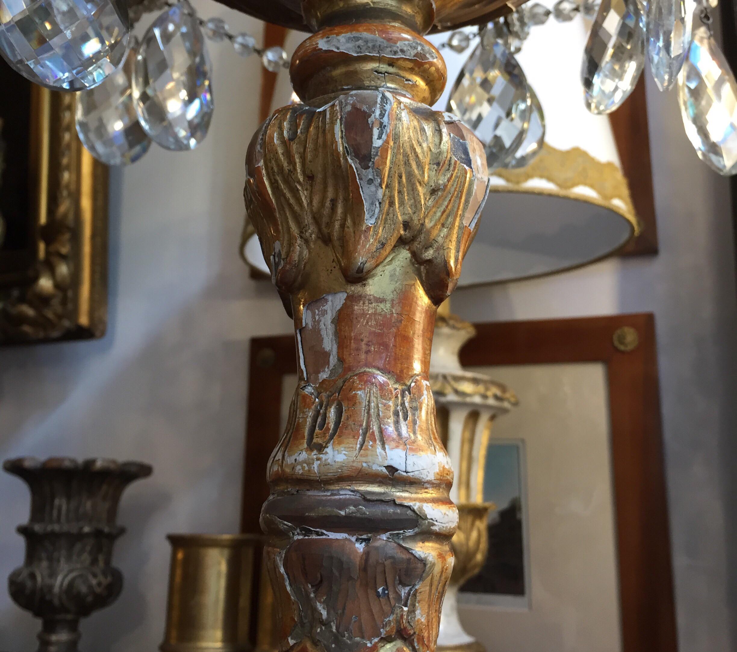 Pair of Italian Louis XV Gilt Candlesticks Tall Lamps with Crystal Flambeaux 1