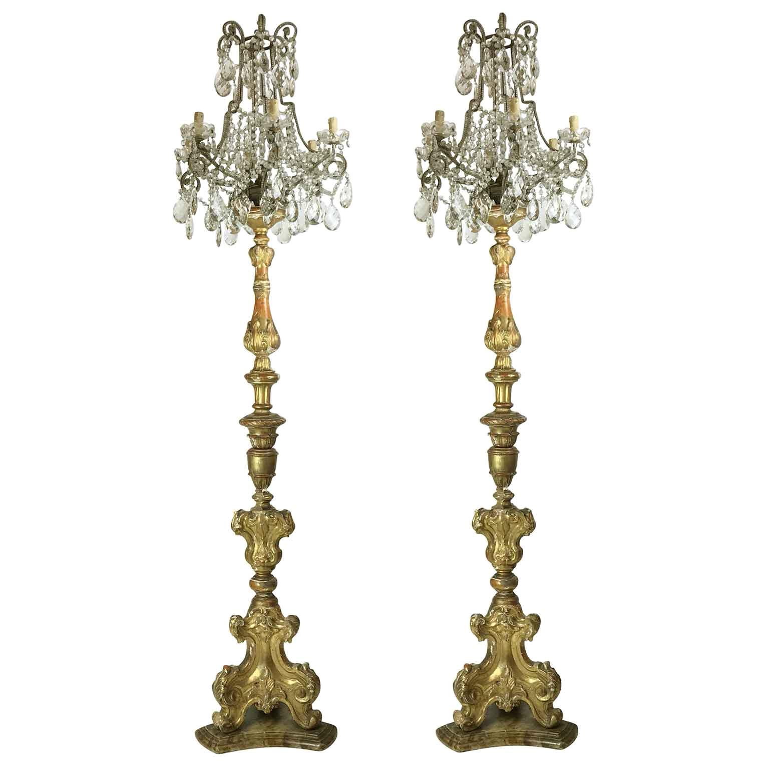 Pair of Italian Louis XV Gilt Candlesticks Tall Lamps with Crystal Flambeaux