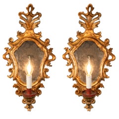 Pair of Italian Louis XV Mirrored Carved Giltwood Wall Sconces circa 1770