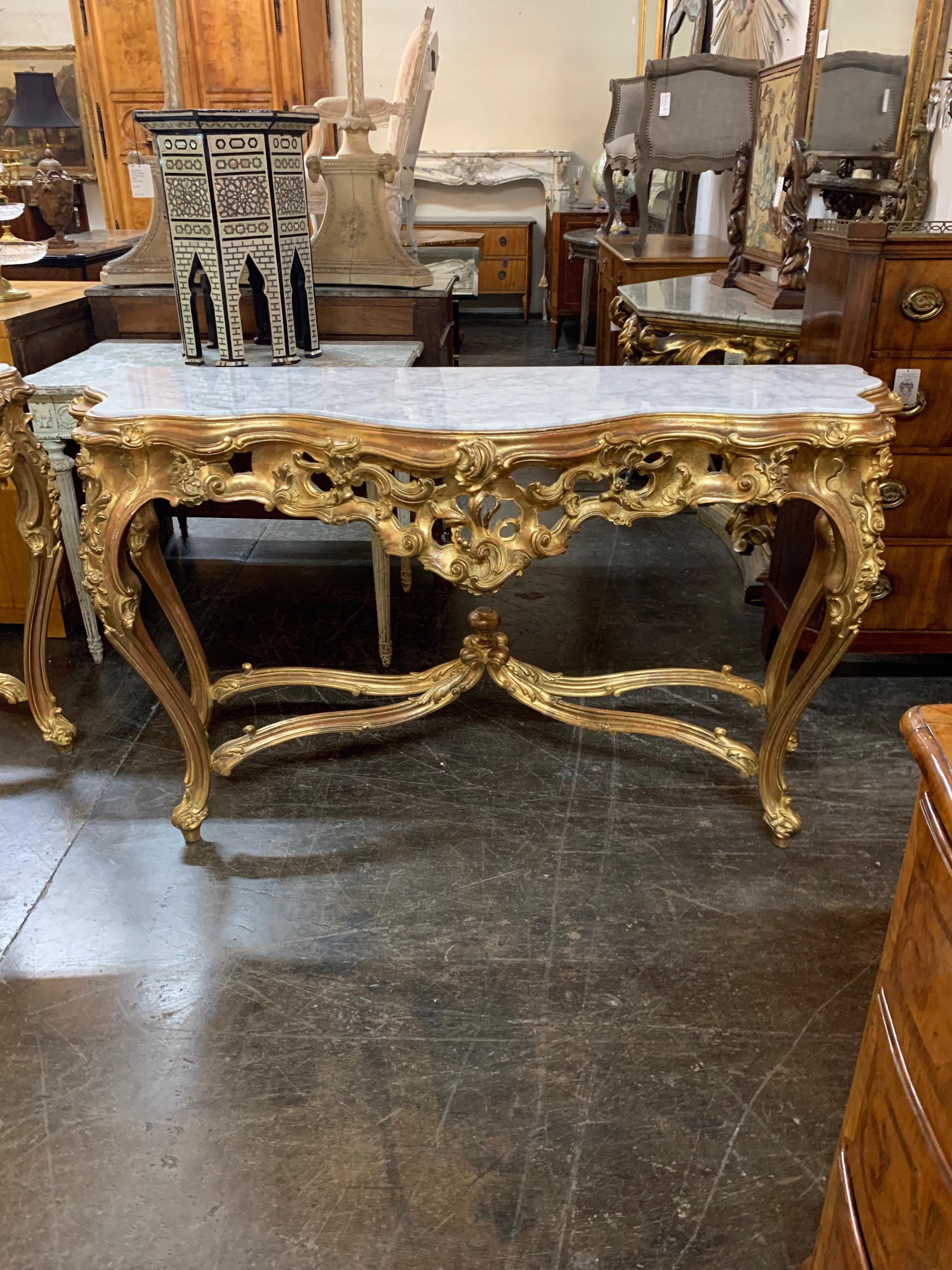 Exquisite Italian Louis XV Style Giltwood Consoles In Excellent Condition In Dallas, TX