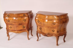 Pair of Italian Louis XV style Olive Wood Bombe Commodinis
