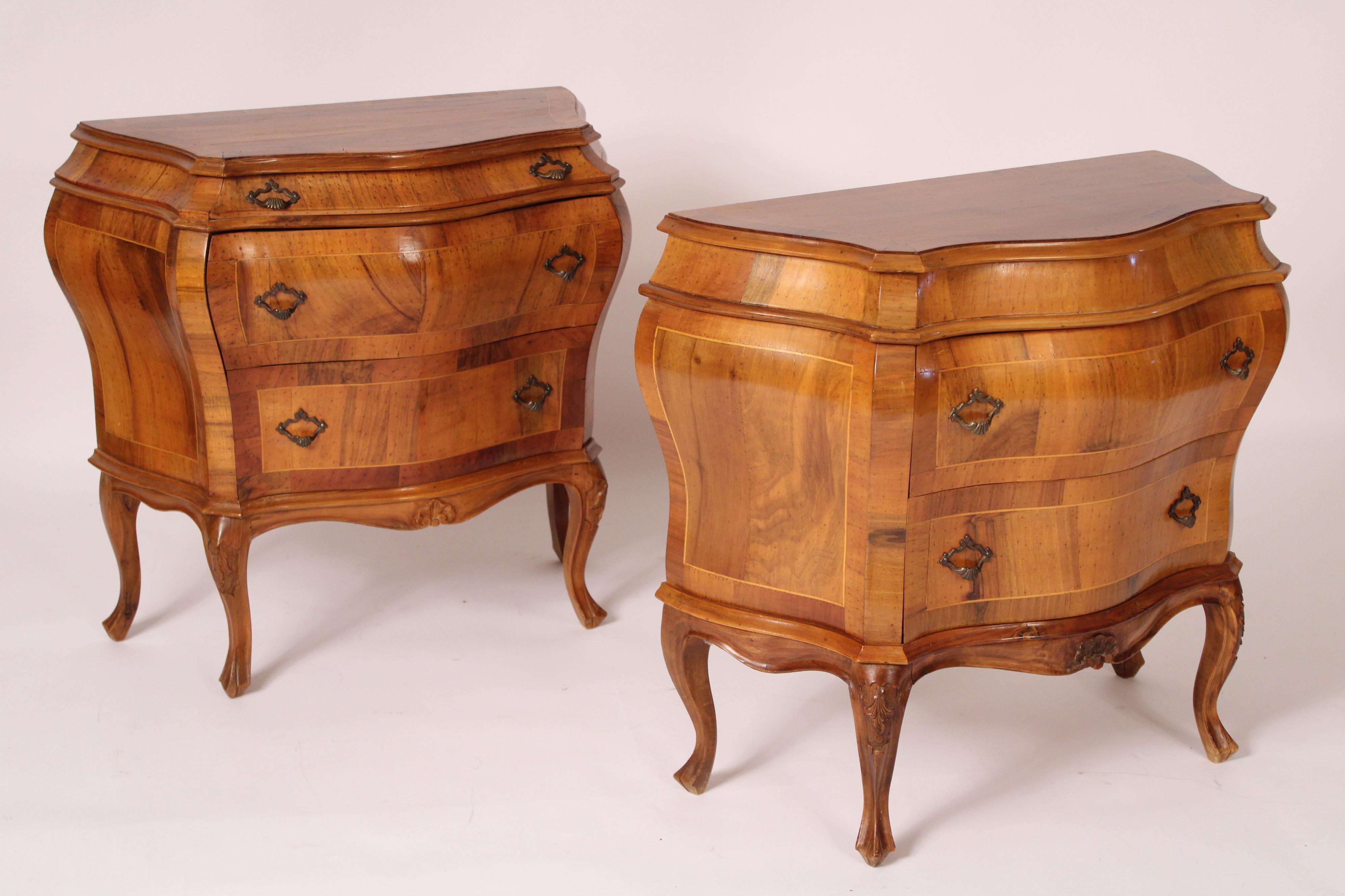 Late 20th Century Pair of Italian Louis XV style Olive Wood Bombe Commodinis