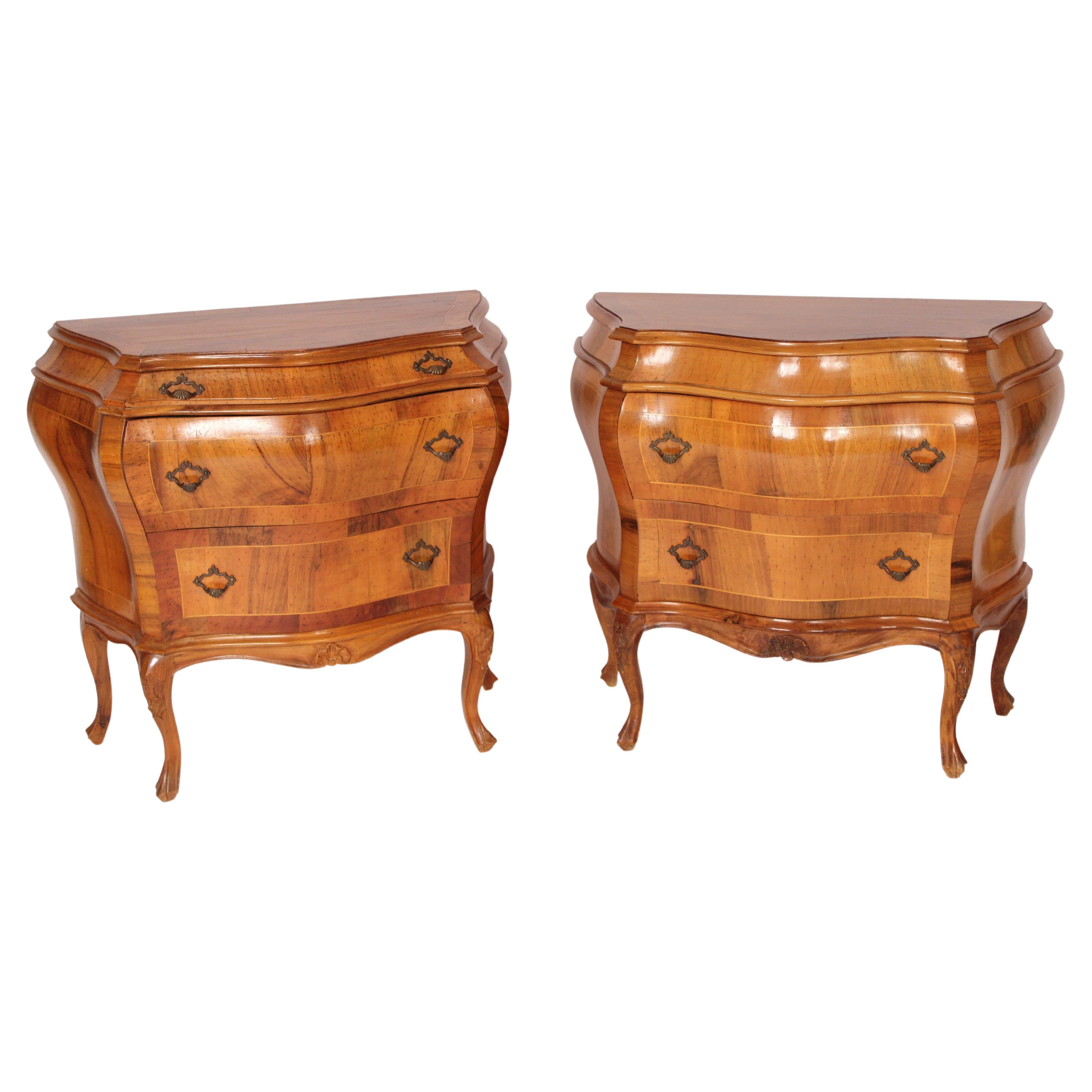 Pair of Italian Louis XV style Olive Wood Bombe Commodinis