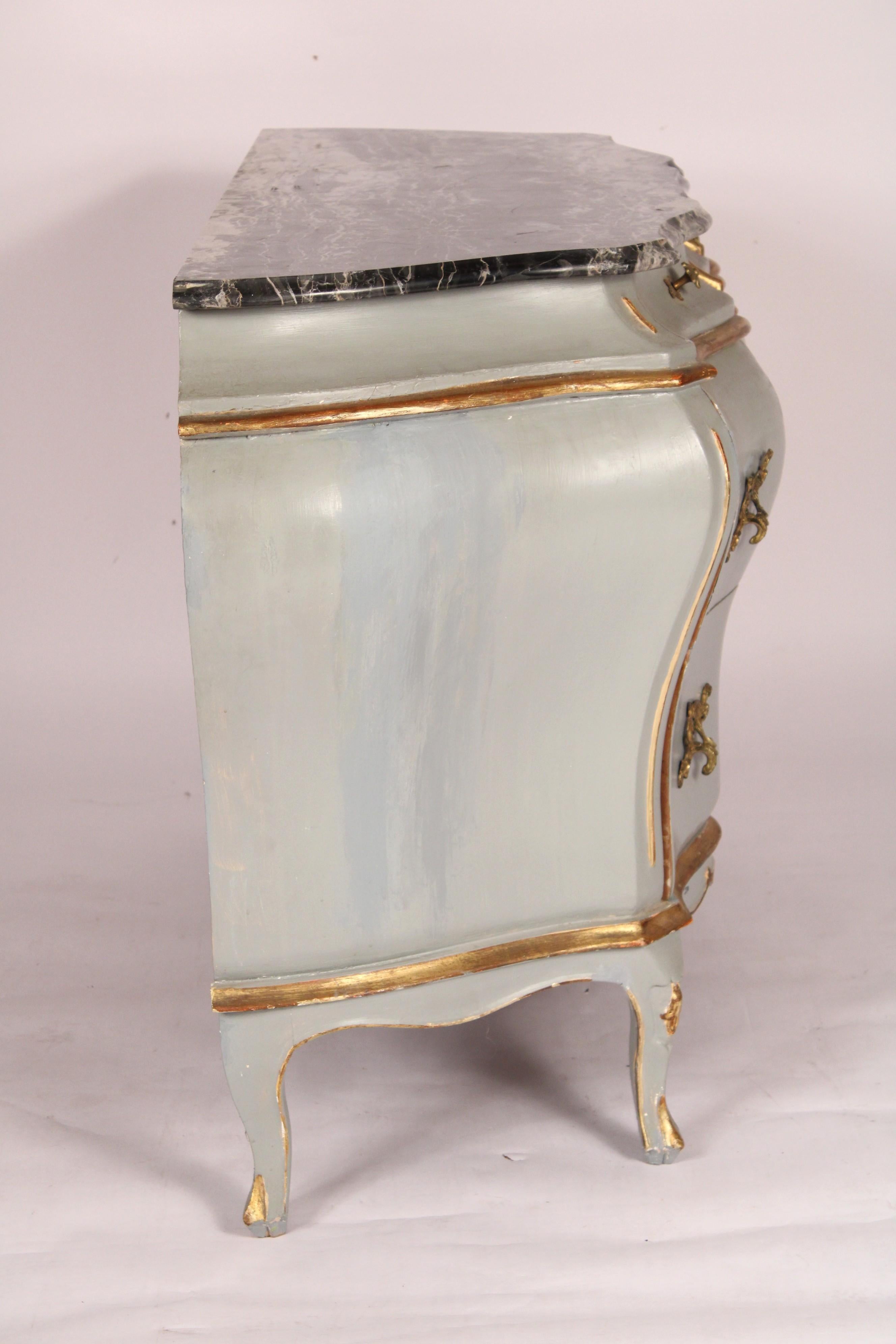 Mid-20th Century Pair of Italian Louis XV Style Painted and Gilt Decorated Bombe Commodes