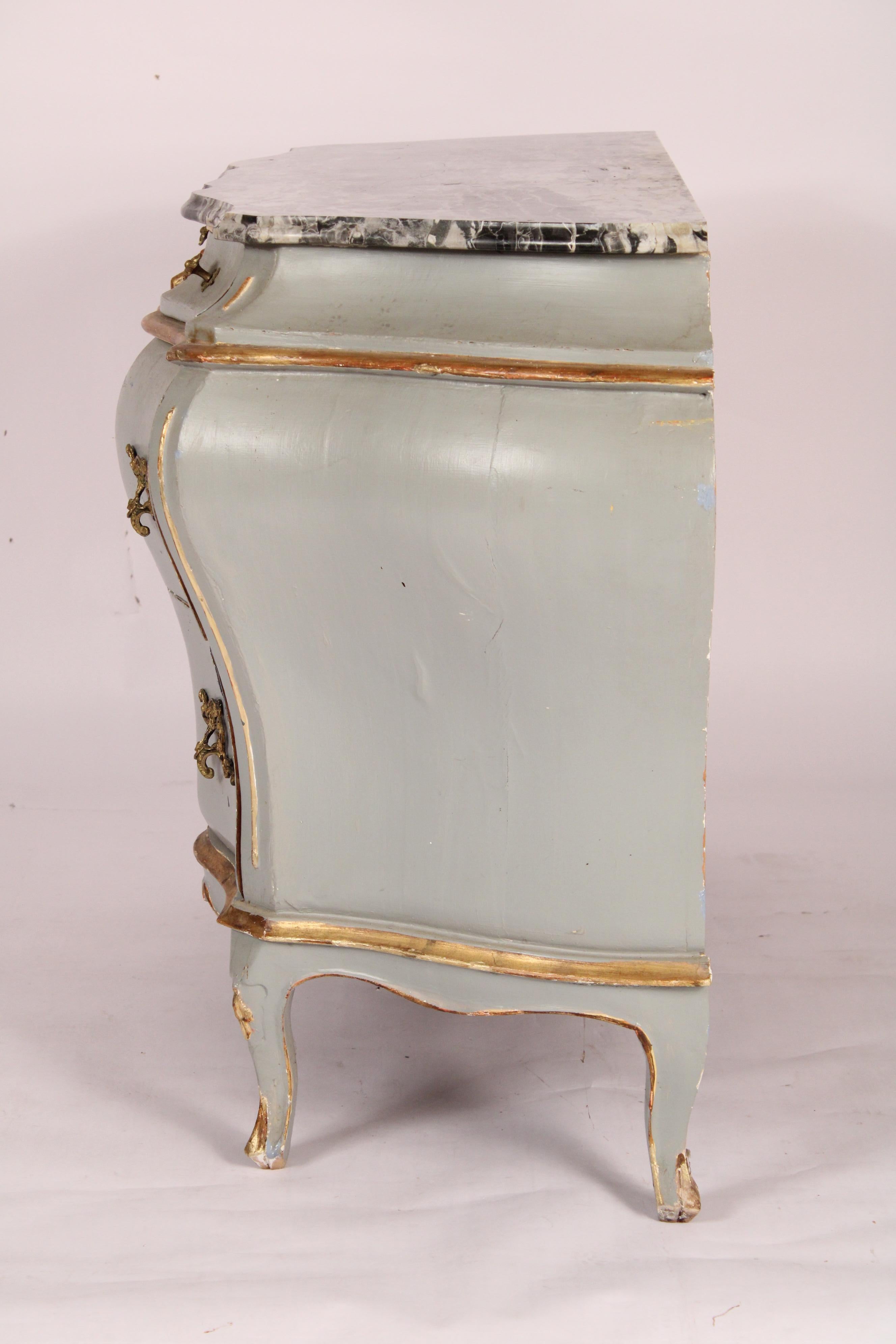Marble Pair of Italian Louis XV Style Painted and Gilt Decorated Bombe Commodes