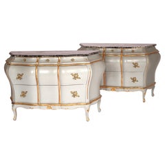 Pair of Italian Louis XV Style Painted and Gilt Decorated Bombe Commodes